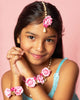 Kids Flowers Embellished Set of Necklace, Bracelet & Maang Teeka - Magenta