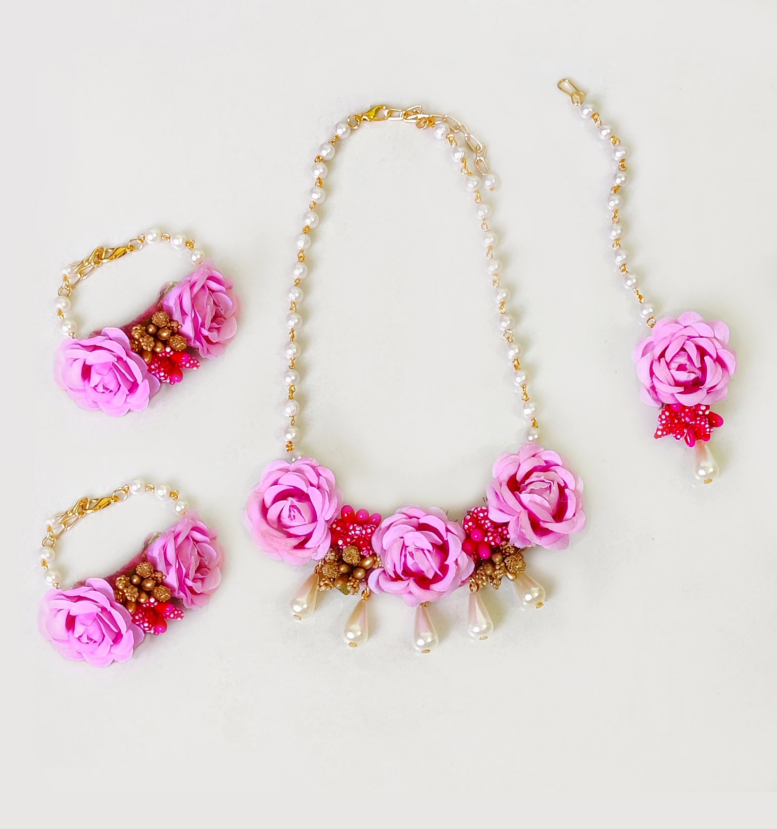Flowers Embellished Set of Necklace, Bracelet & Maang Teeka - Magenta