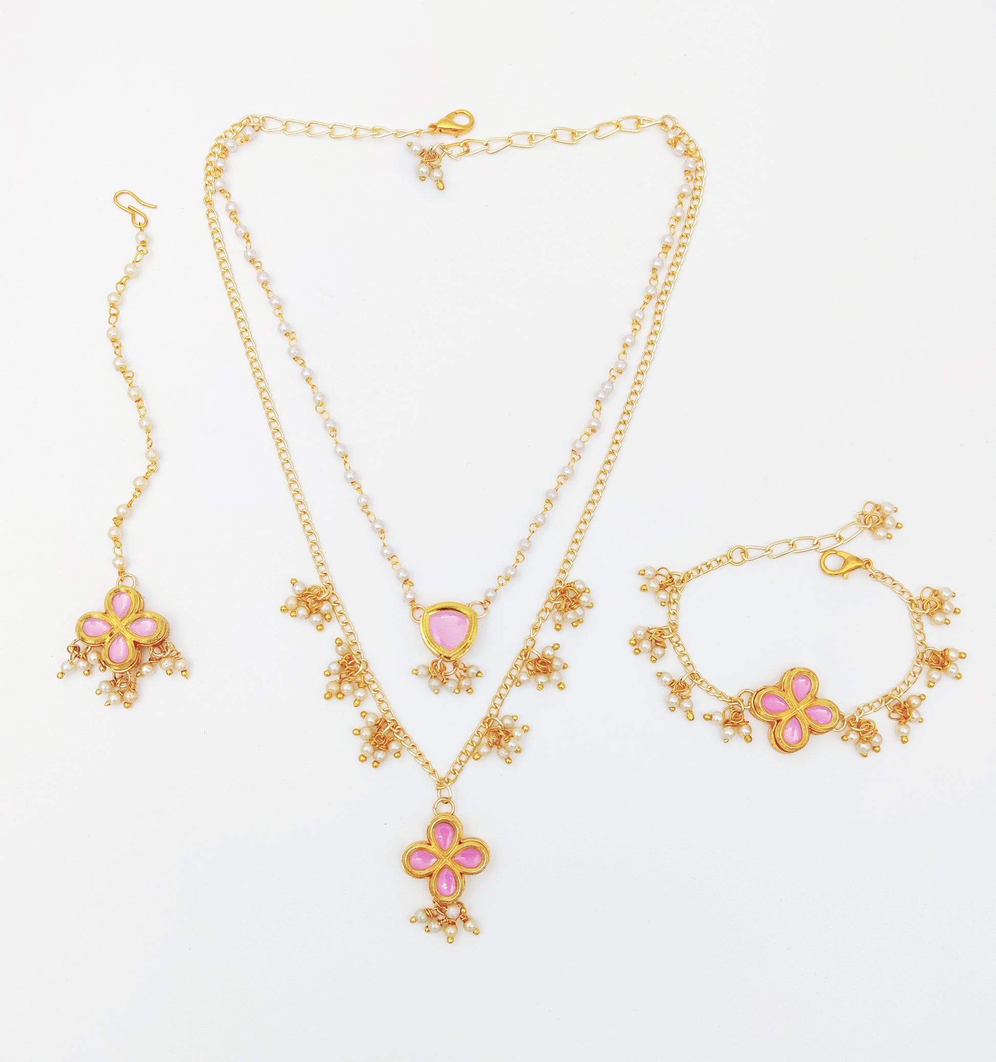 Boondein Layered Kundan & Pearls Necklace, Bracelet & Maang Teeka Set