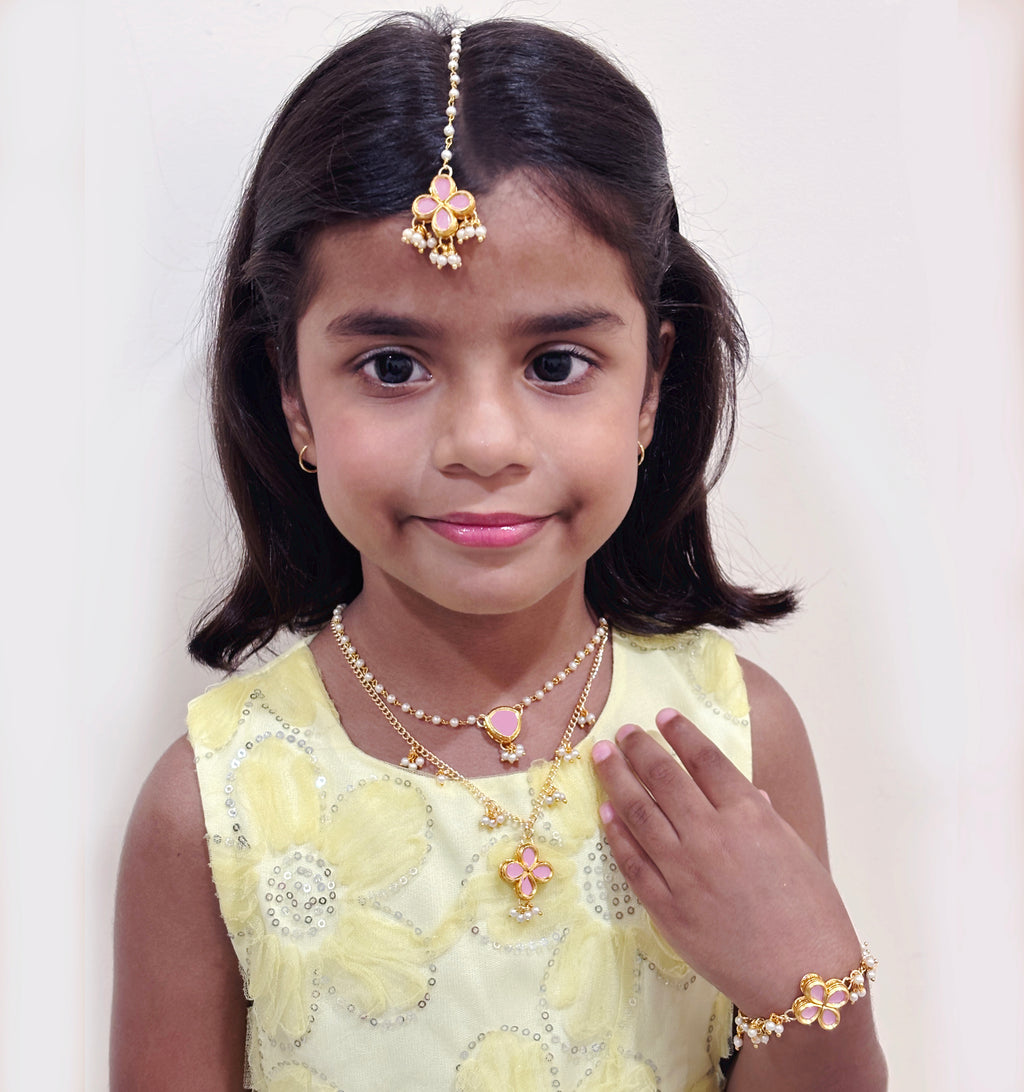 Kids Boondein Layered Kundan & Pearls Necklace, Bracelet & Maang Teeka Set