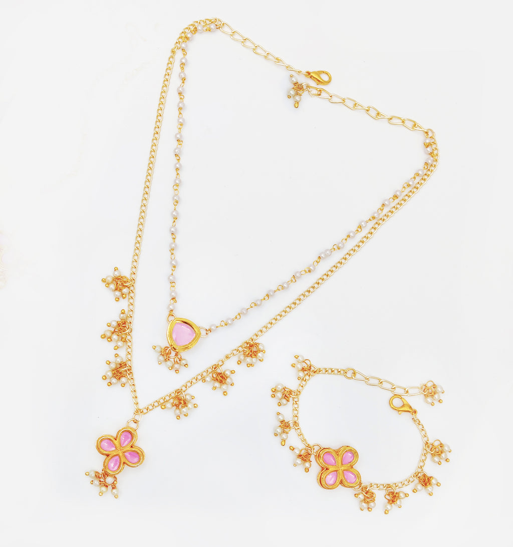 Boondein Layered Kundan & Pearls Necklace, Bracelet & Maang Teeka Set