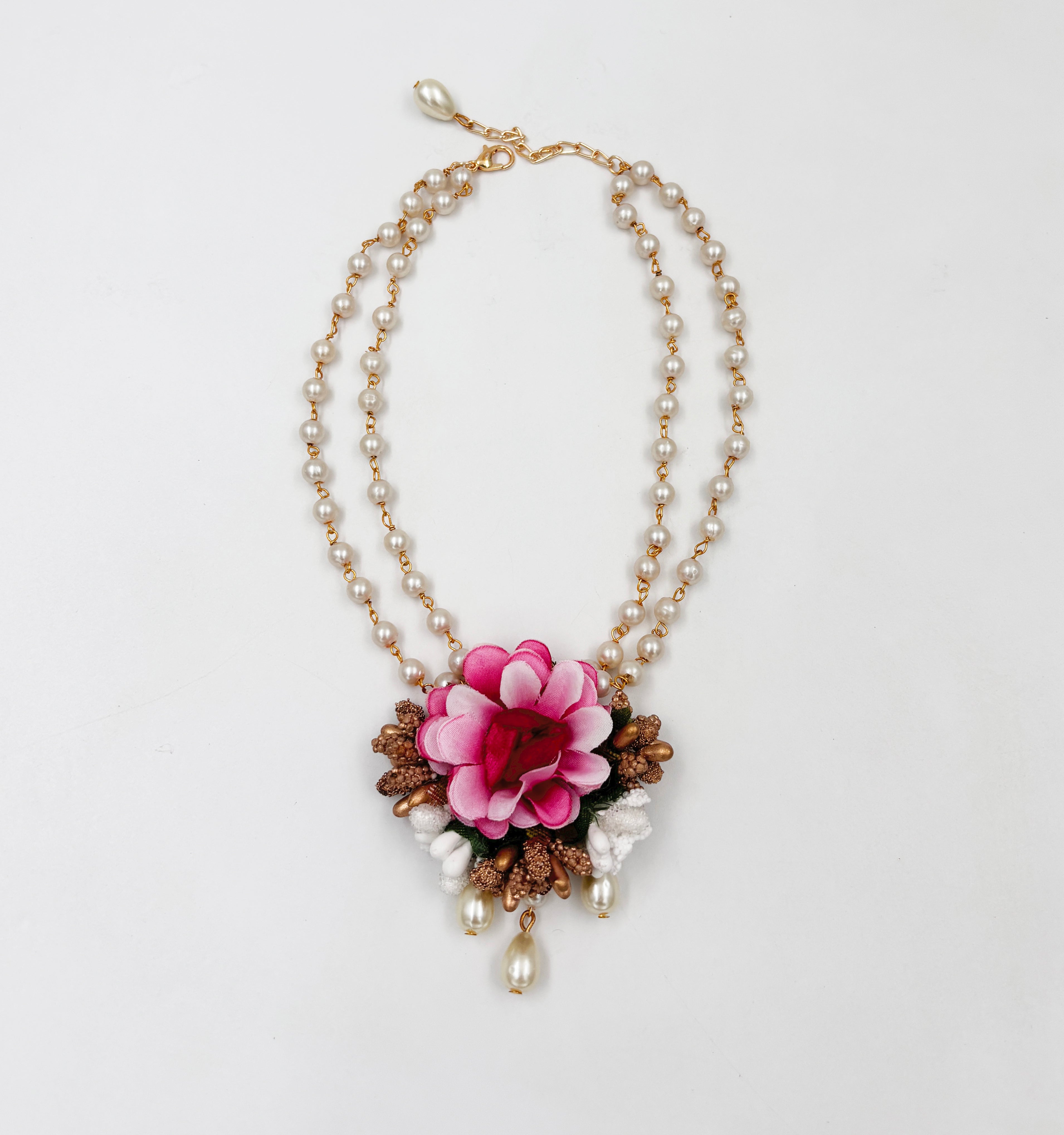 Flower Garden Necklace, 2 Bracelets & Maang Teeka Set - Magenta