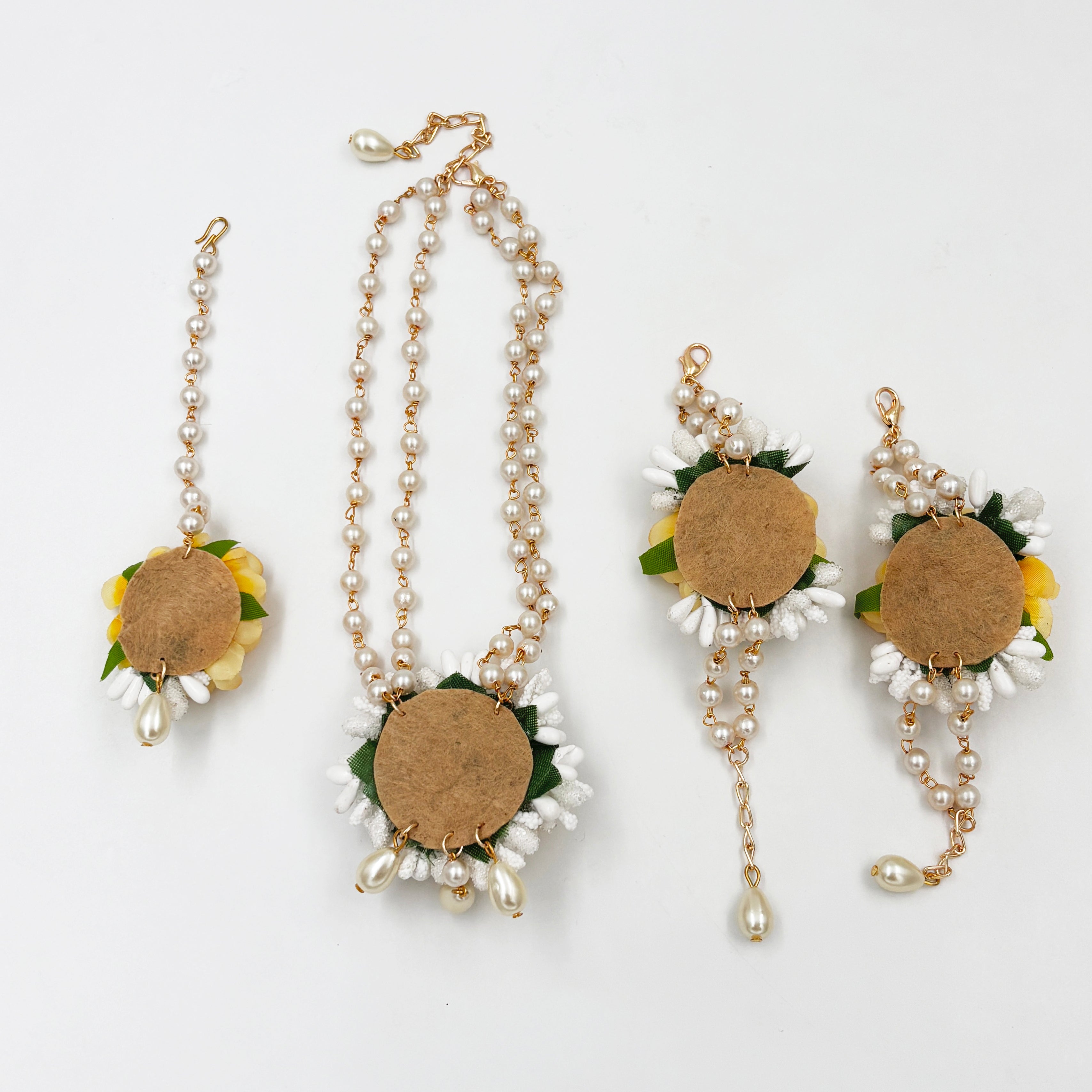 Image of Flower Garden Necklace, 2 Bracelets & Maang Teeka Set - Yellow