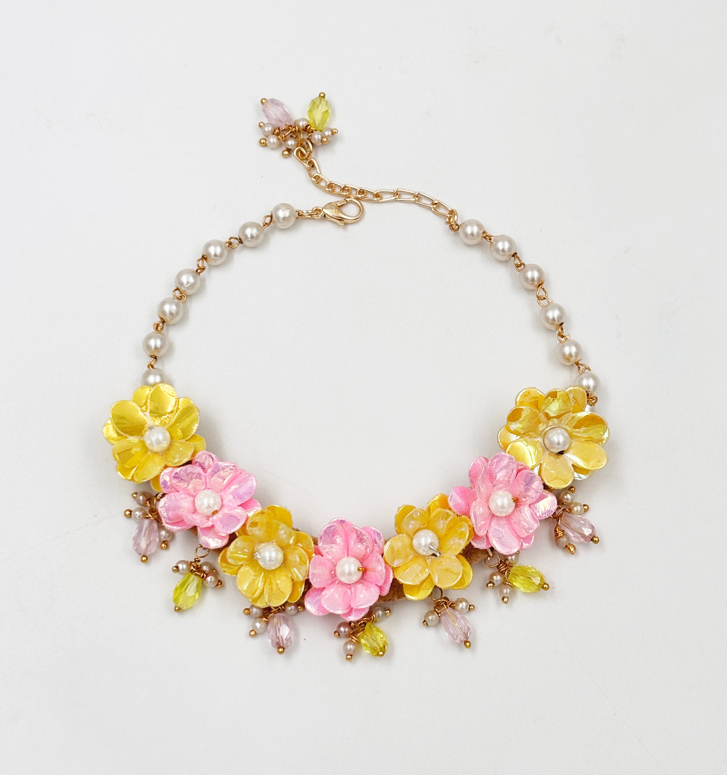 Image of Sadabahar Glam Floral Necklace, 2 Bracelets & Maang Teeka Set (Pink)