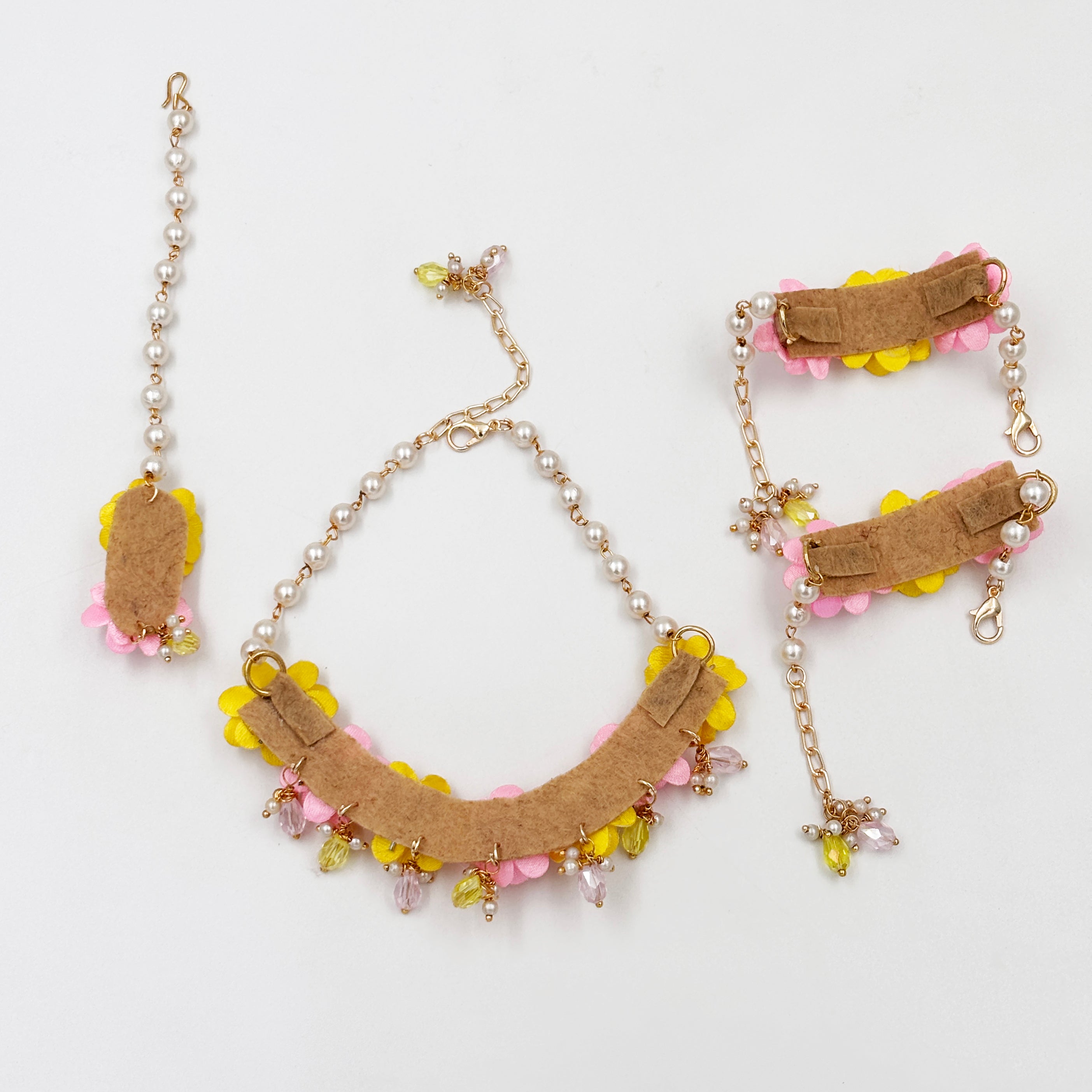 Image of Sadabahar Glam Floral Necklace, 2 Bracelets & Maang Teeka Set (Pink)