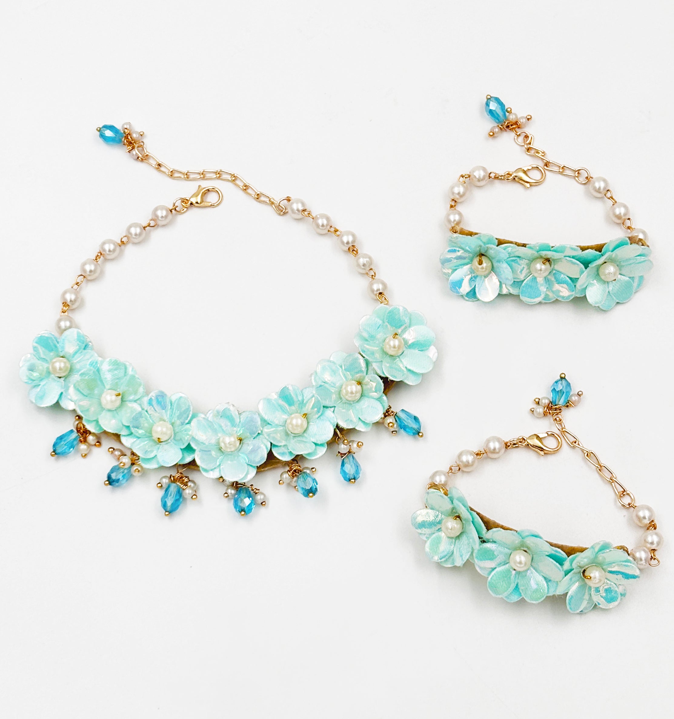 Image of Sadabahar Glam Floral Necklace, 2 Bracelets & Maang Teeka Set - Aqua Blue