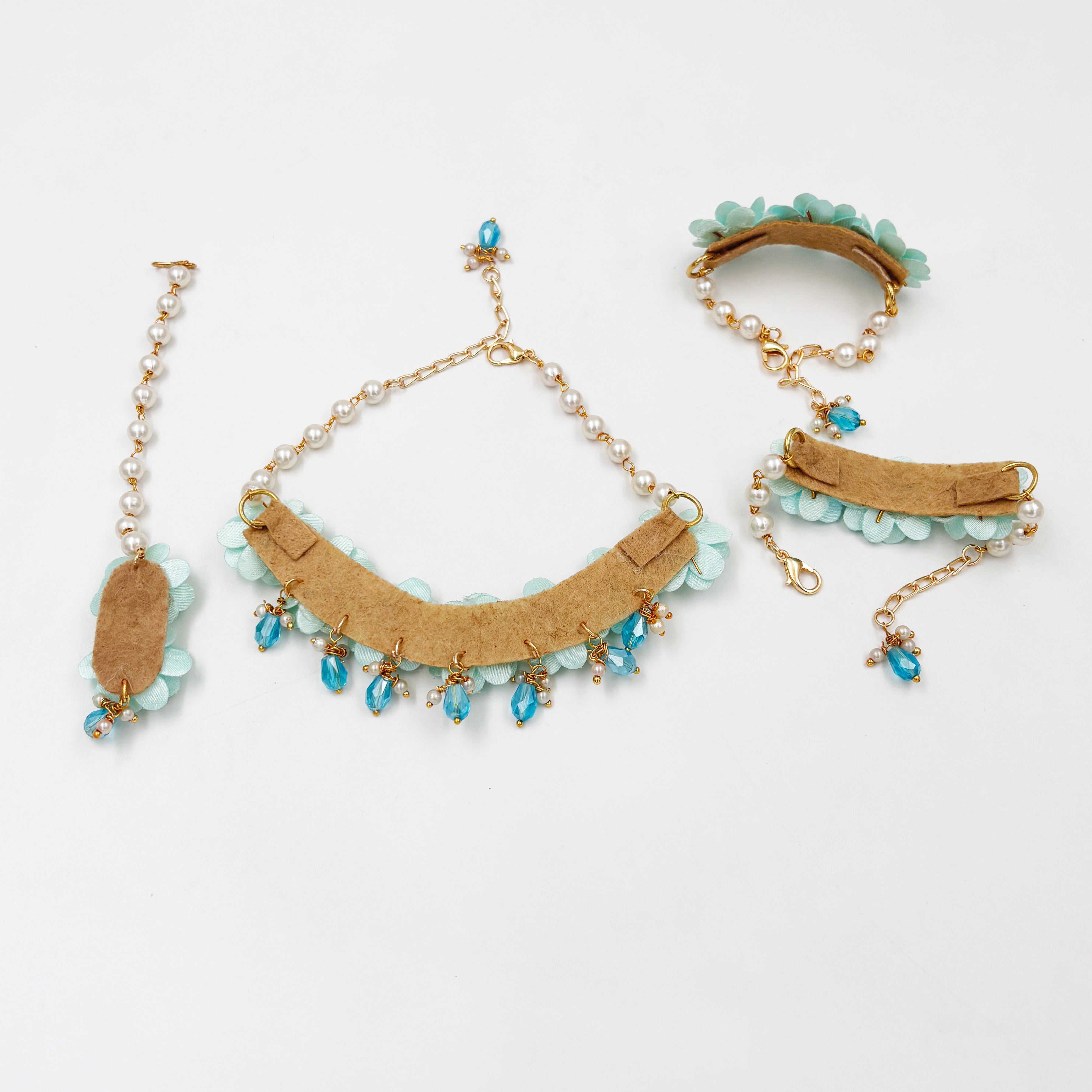Image of Sadabahar Glam Floral Necklace, 2 Bracelets & Maang Teeka Set - Aqua Blue