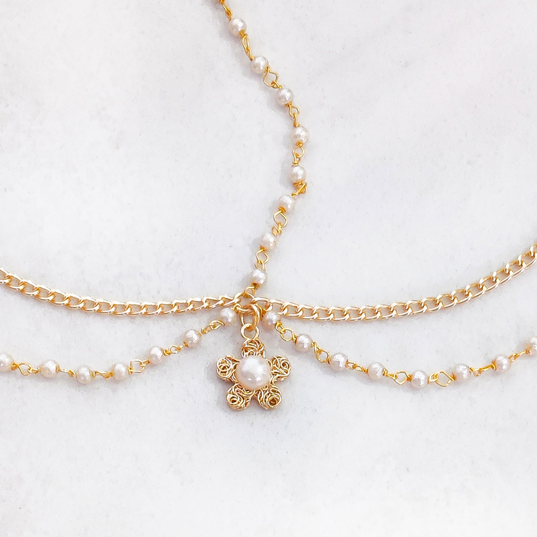 Flower & Pearl Detailed Headchain - Gold