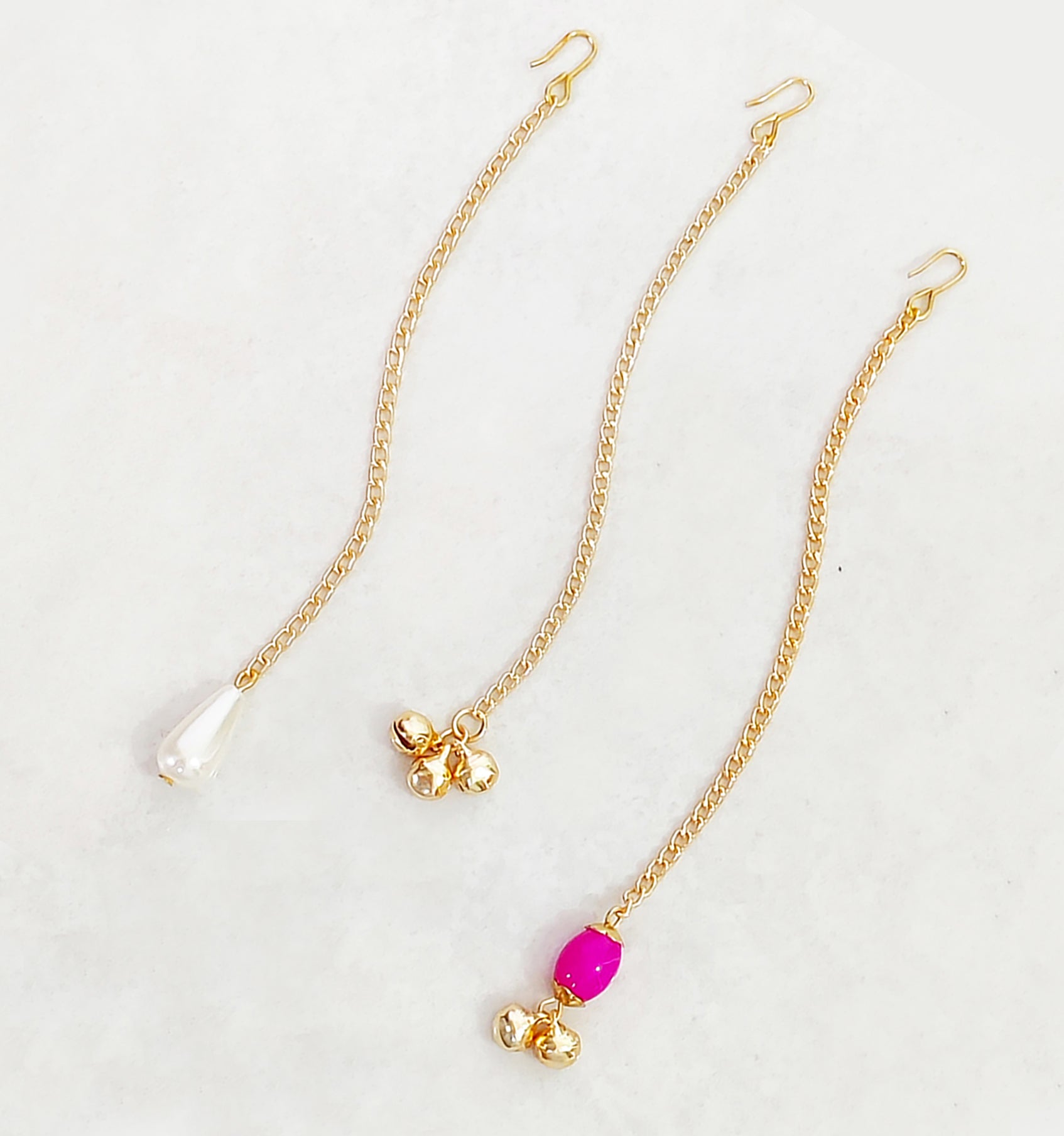 Set Of 3 Pearls, Ghungroos & Stone Detail Maang Teeka