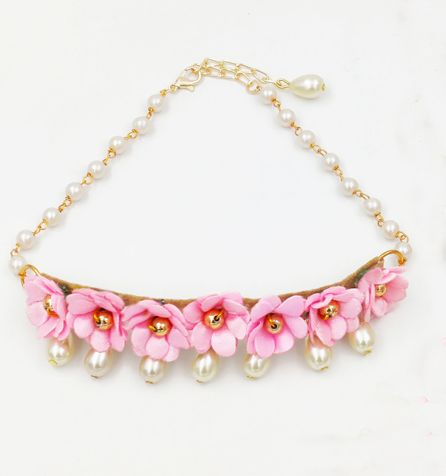 Lavanya Floral Necklace, 2 Bracelets & Maang Teeka Set - Light Pink
