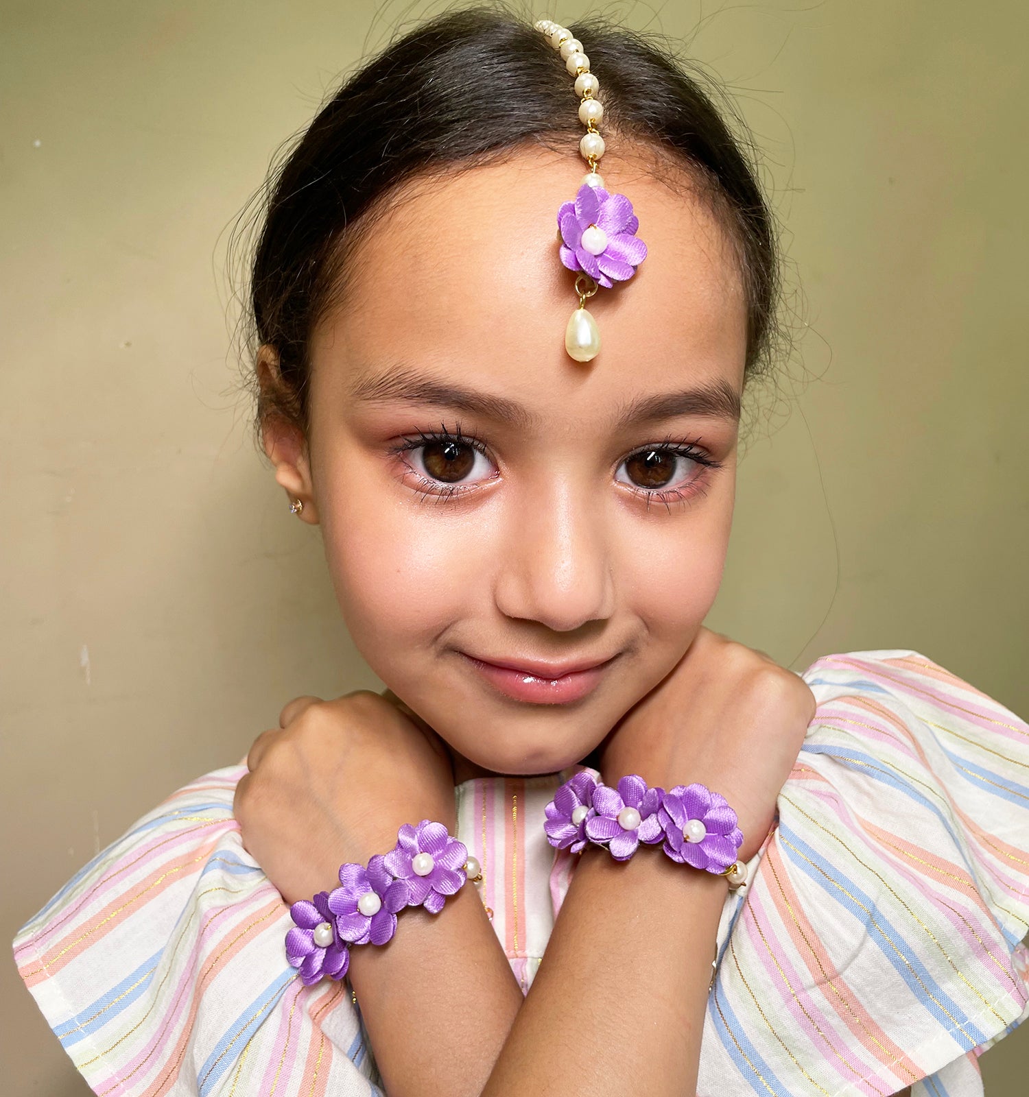 Lavanya Floral Necklace, 2 Bracelets & Maang Teeka Set - Lilac