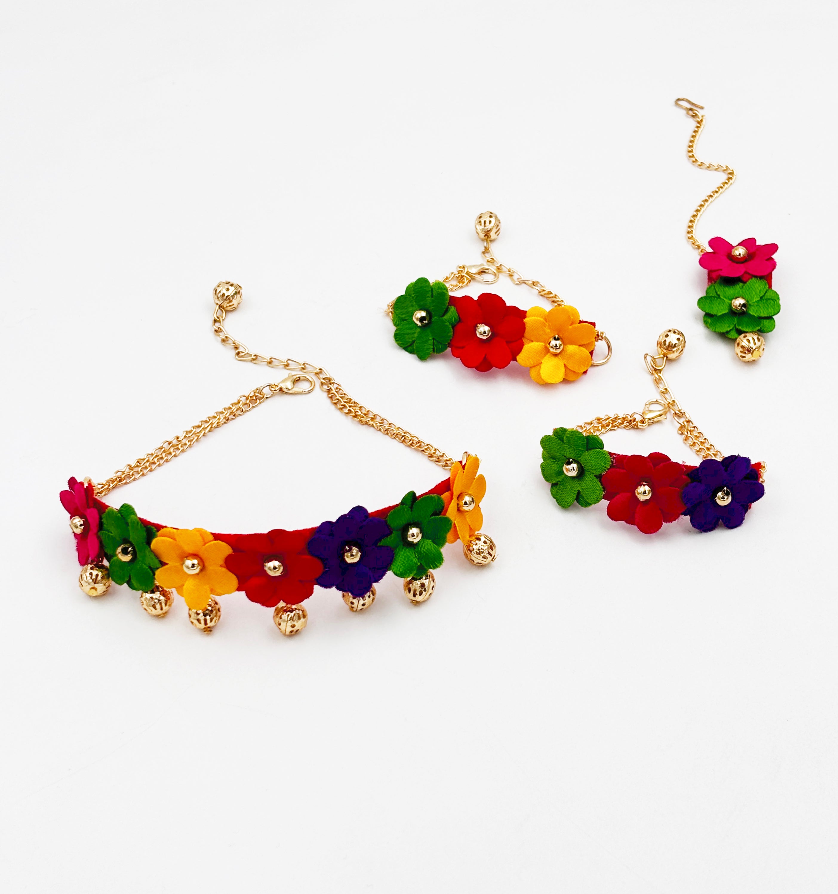 Lavanya Floral Necklace, 2 Bracelets & Maang Teeka Set - Multicolor