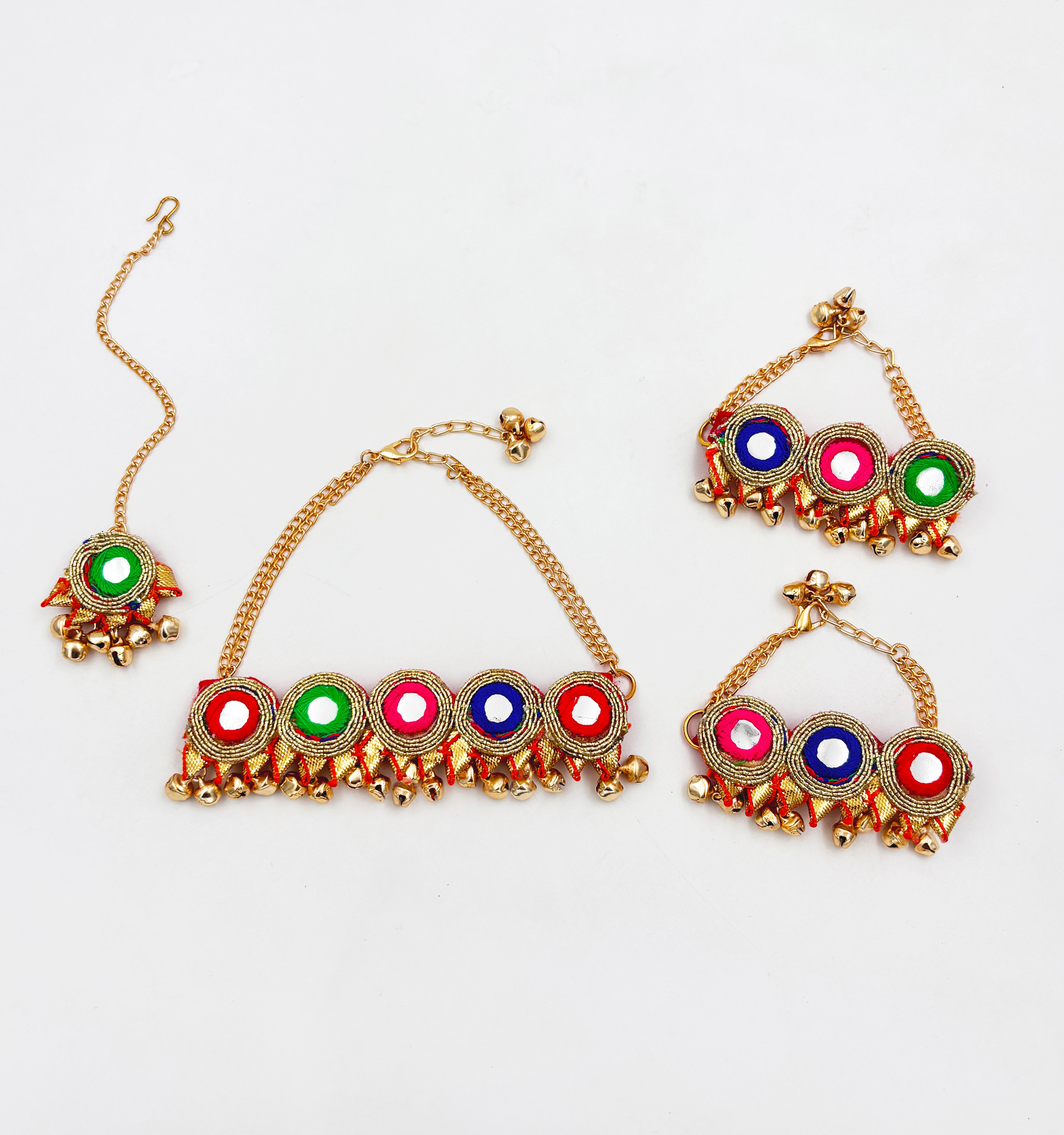 Gota Mirror & Ghungroo Detailed Choker, Maang Teeka & 2 Bracelets Set