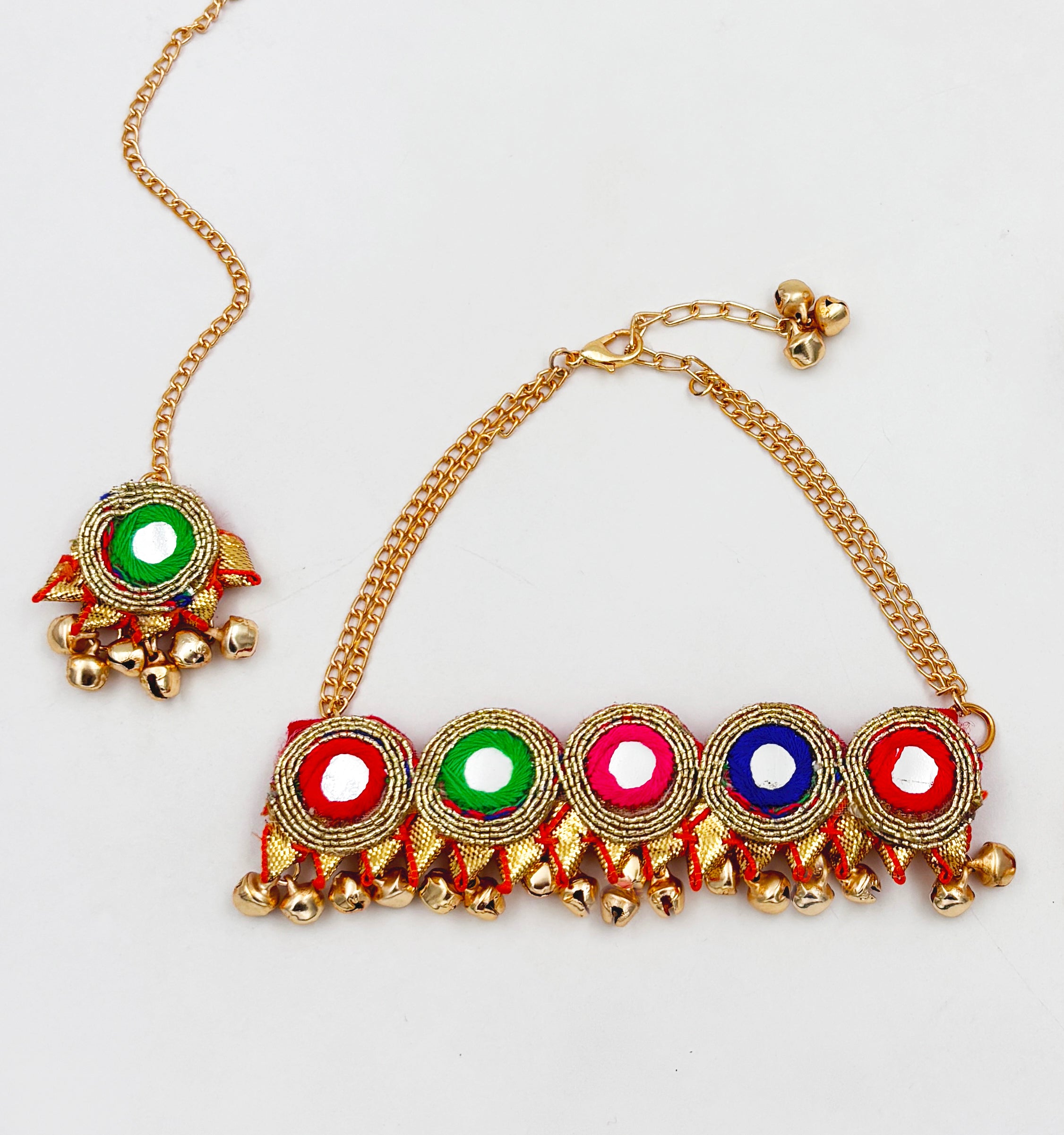 Gota Mirror & Ghungroo Detailed Choker, Maang Teeka & 2 Bracelets Set