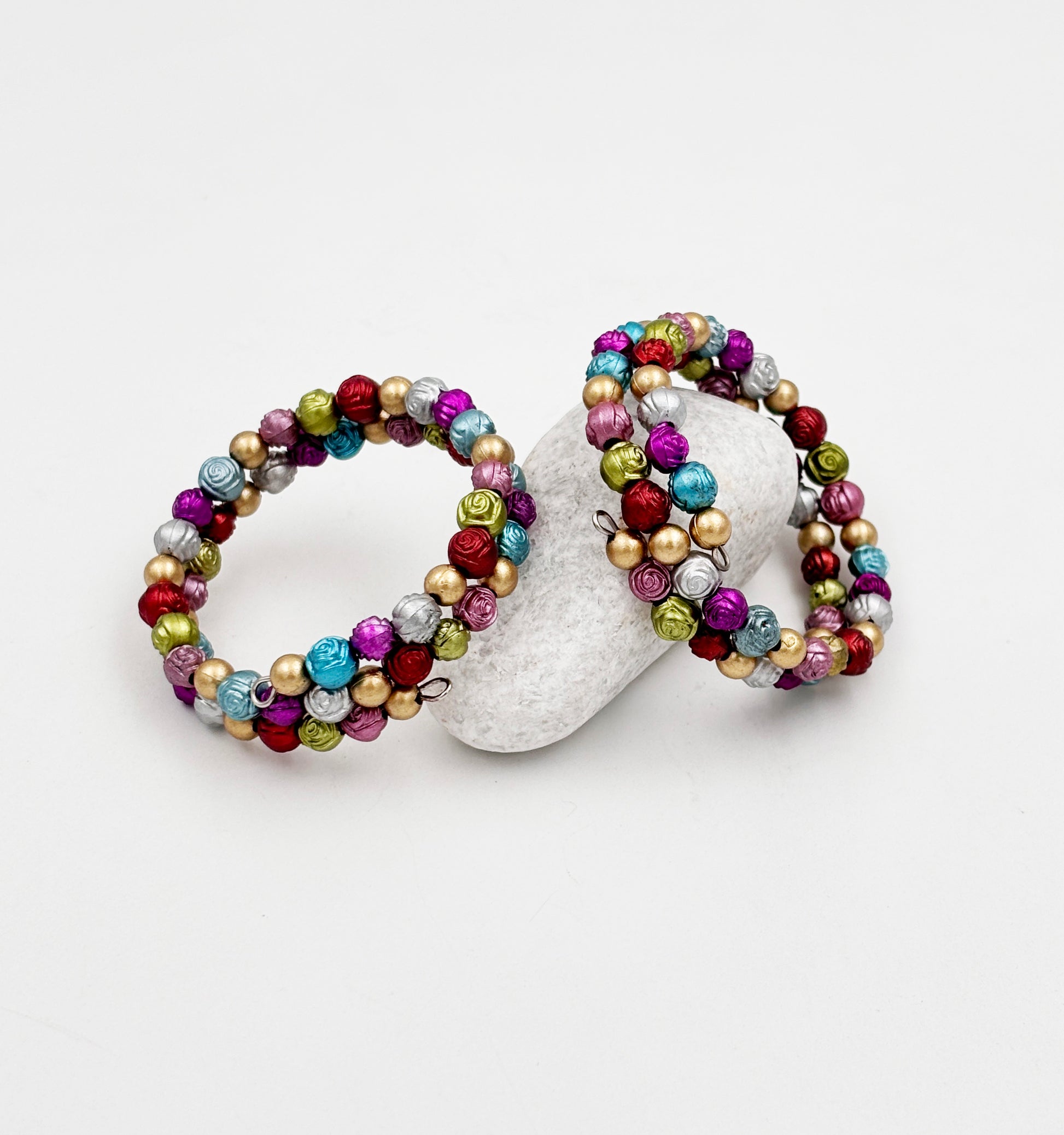 Rose Carved Metallic Beads Detailed Bracelet Set of 2