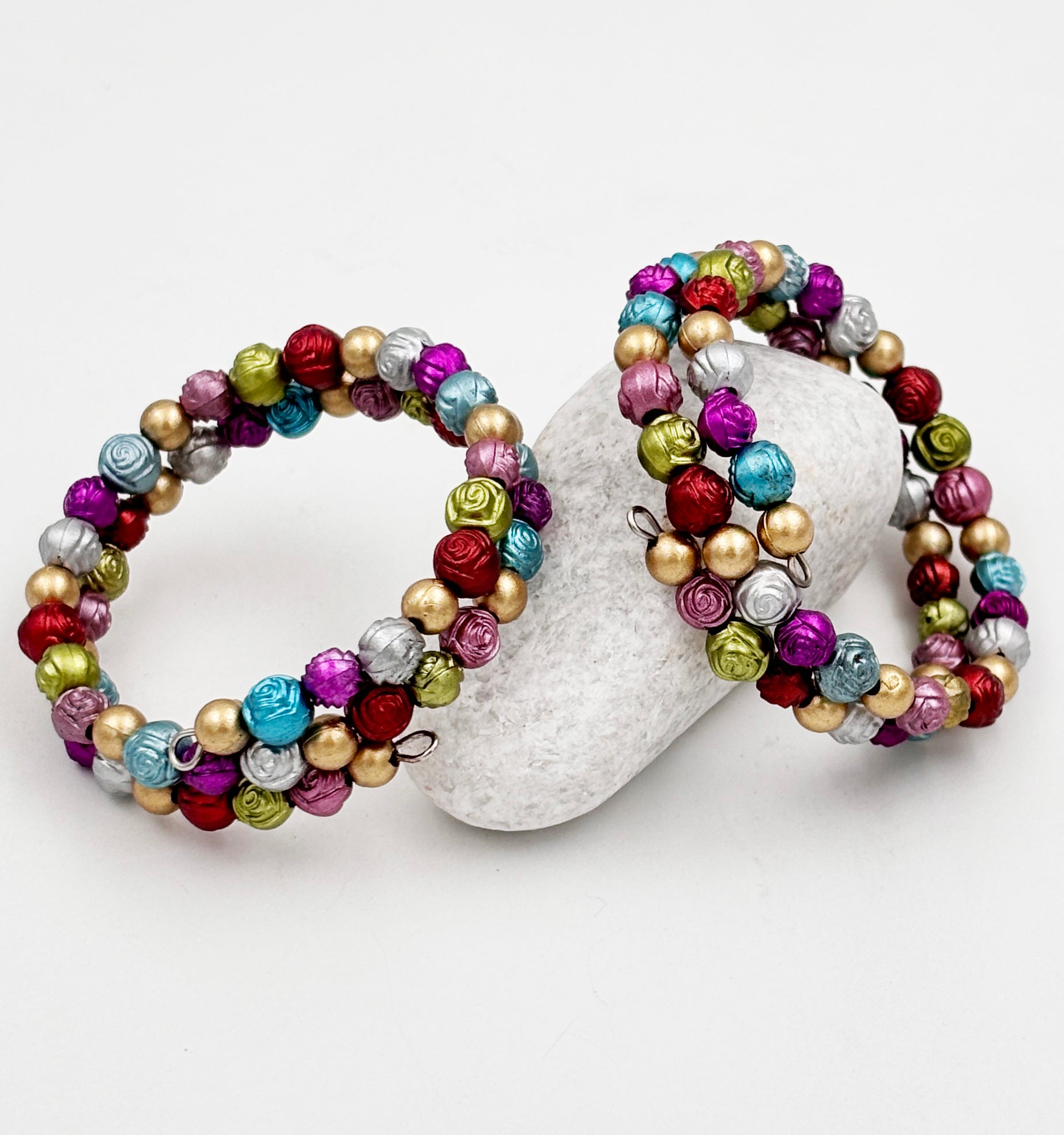 Rose Carved Metallic Beads Detailed Bracelet Set of 2