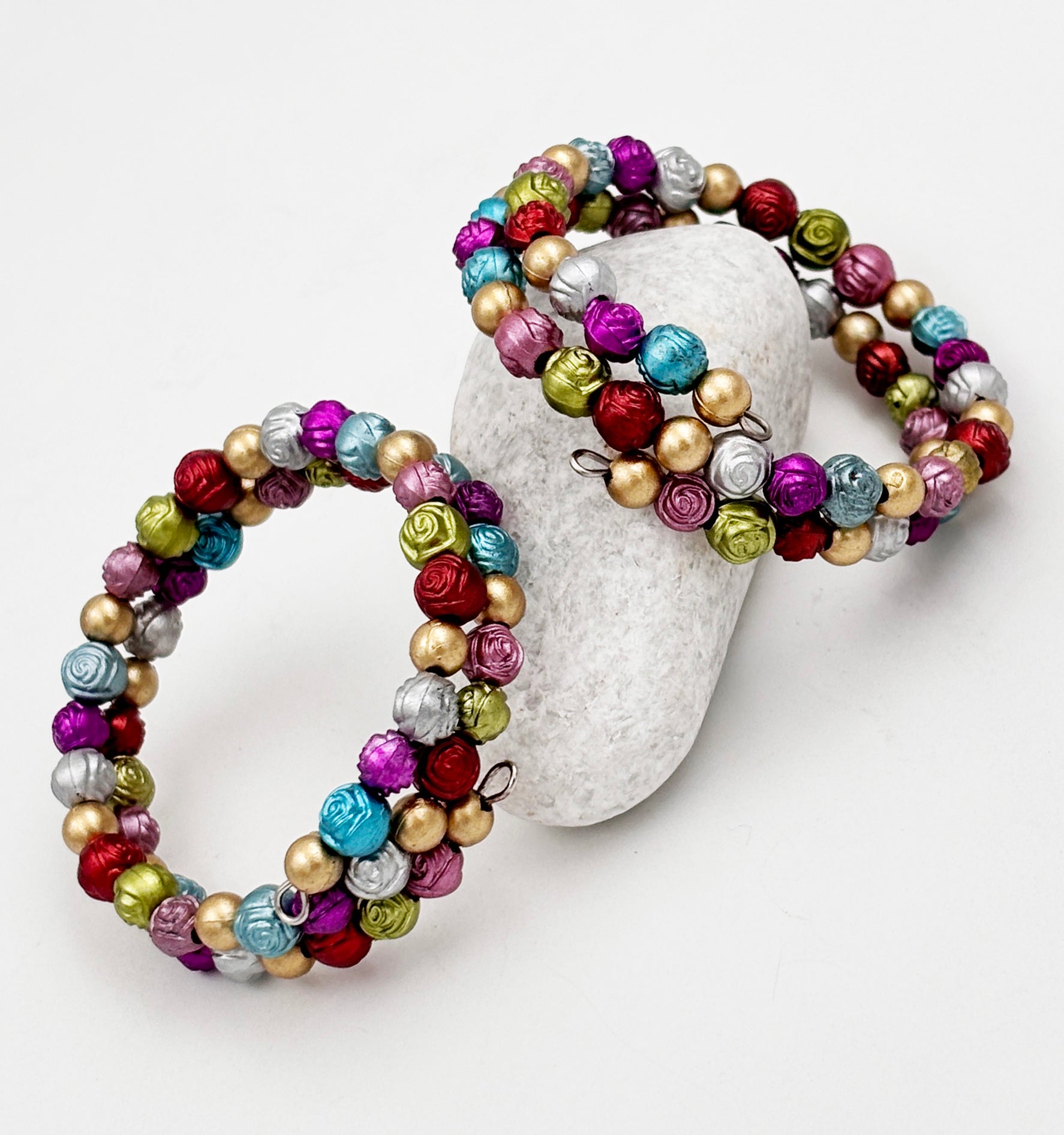 Rose Carved Metallic Beads Detailed Bracelet Set of 2