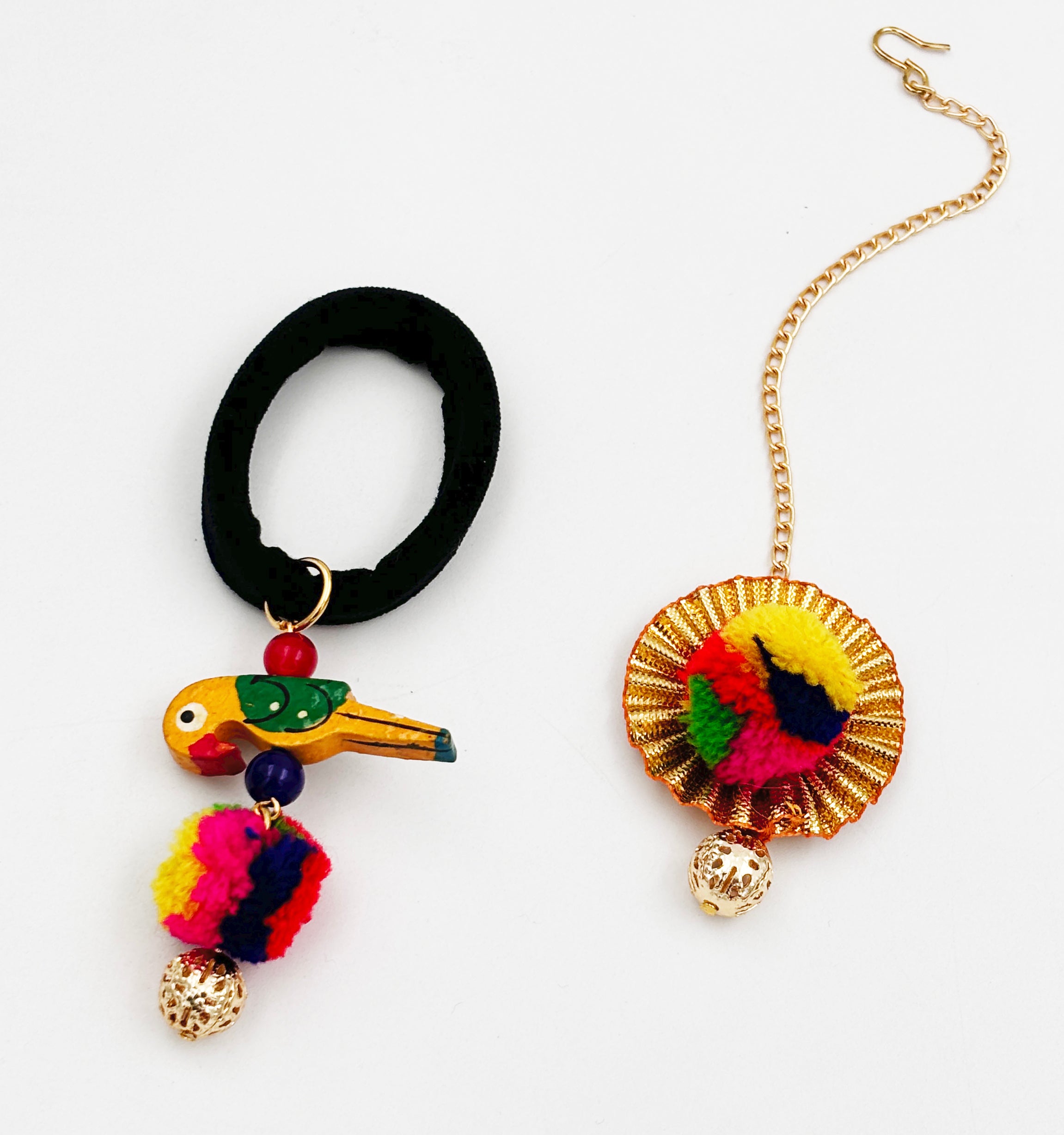 Pom Pom & Parrot Detailed Maang Teeka & Rubber Band Set