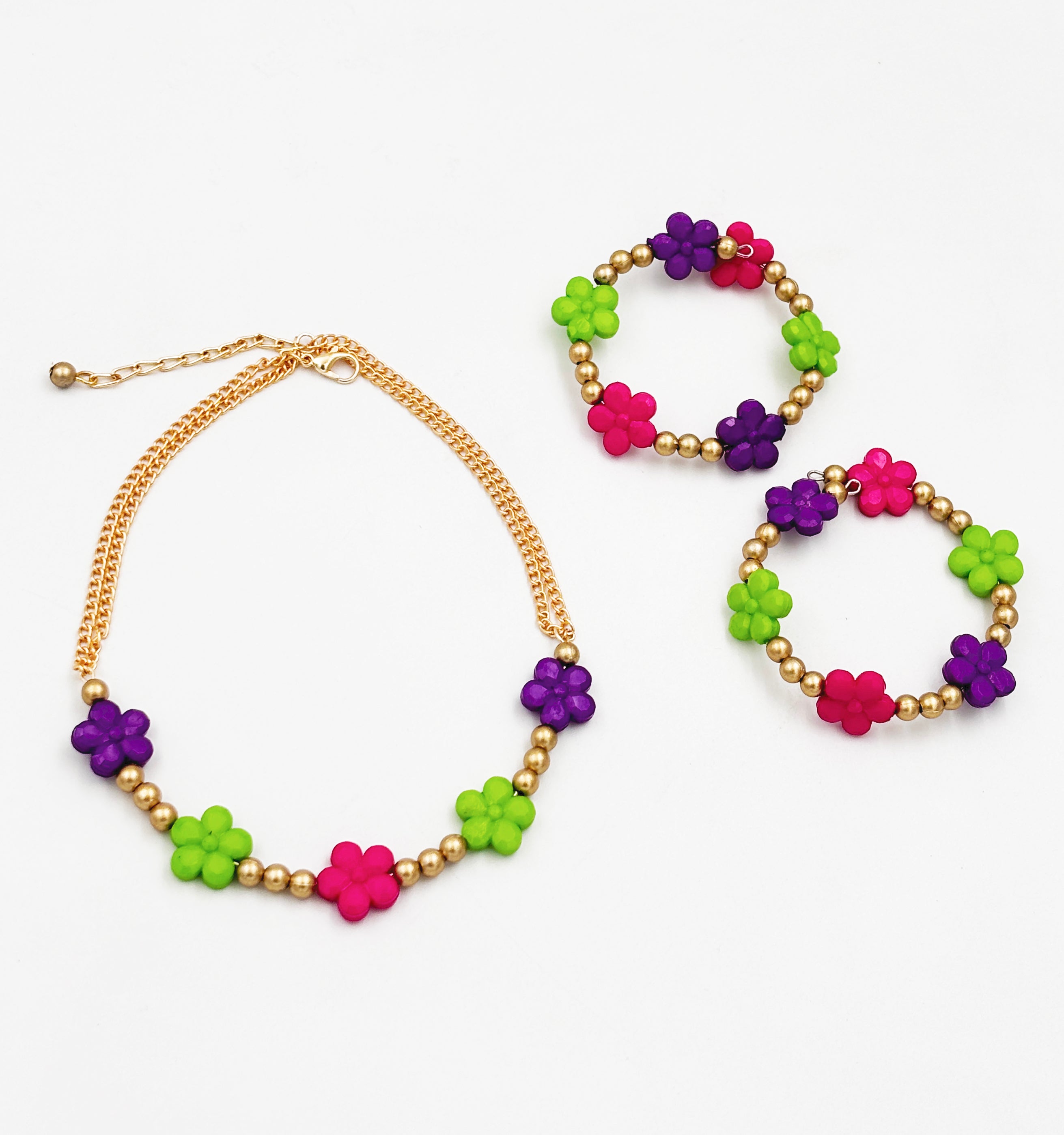 Flower Beads Detailed Necklace & 2 Bracelets Set (Green)