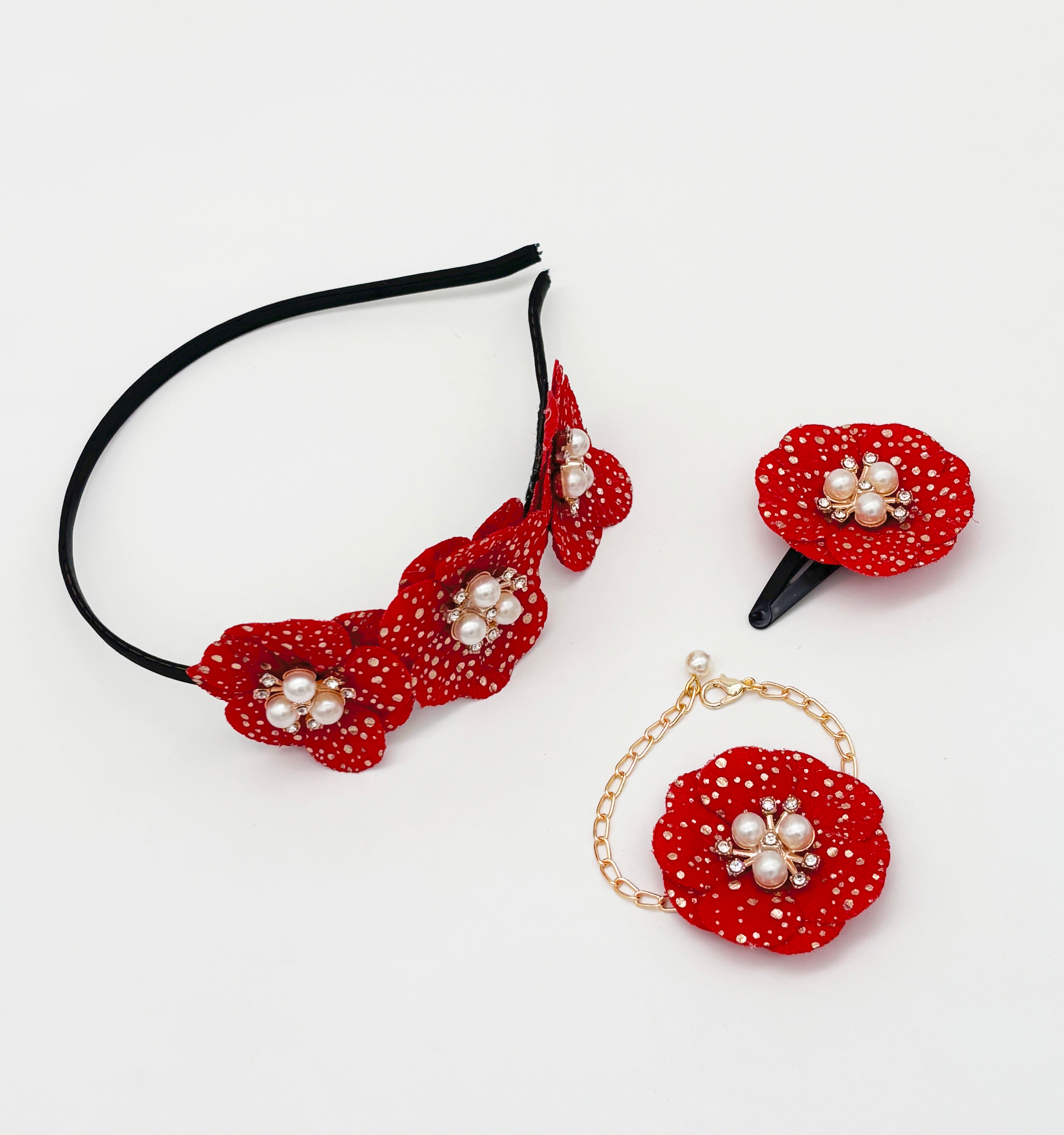 Image of Floral & Pearl Embellished Hairband, Bracelet & Hair Clip Set