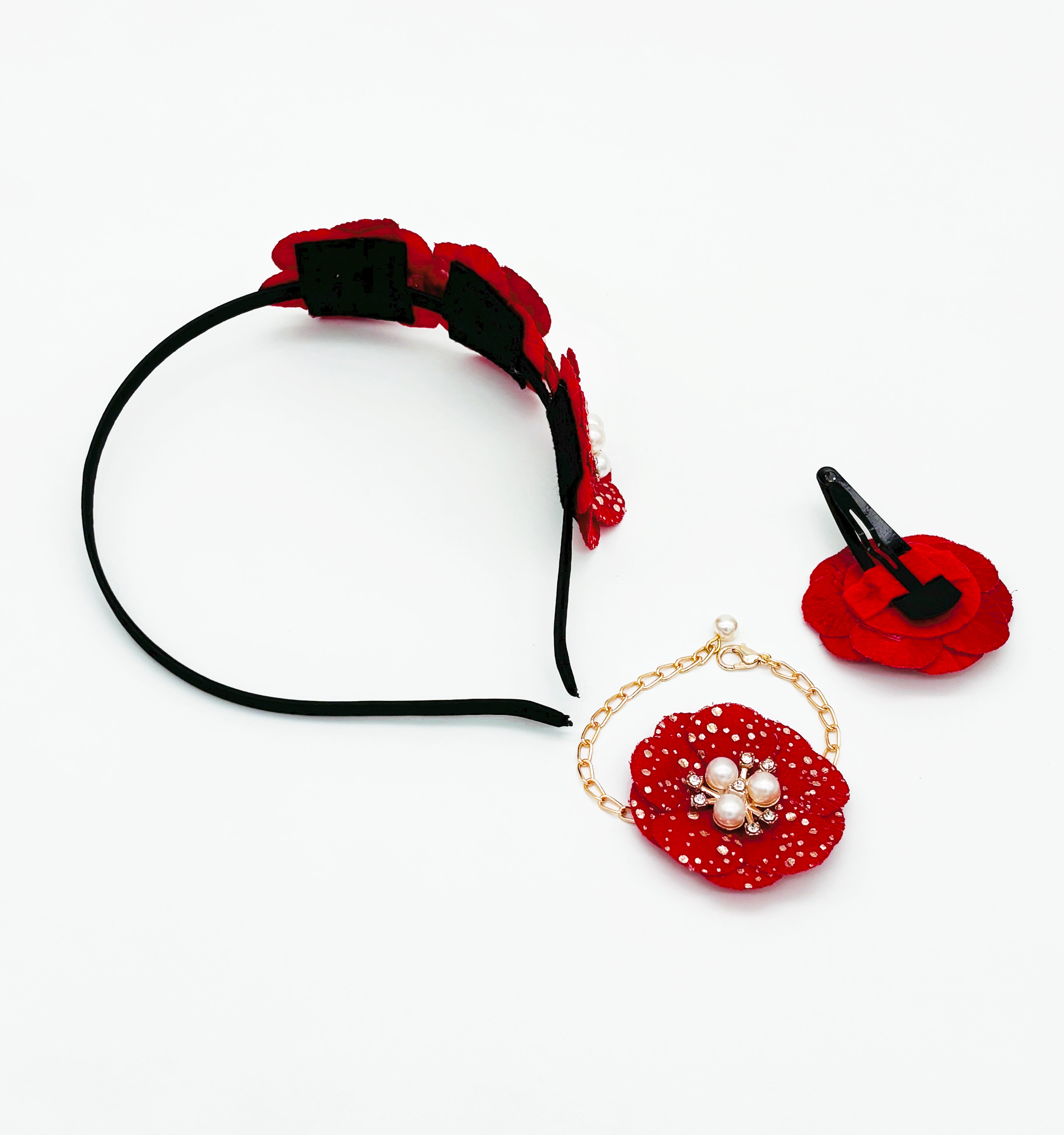 Floral & Pearl Embellished Hairband, Bracelet & Hair Clip Set