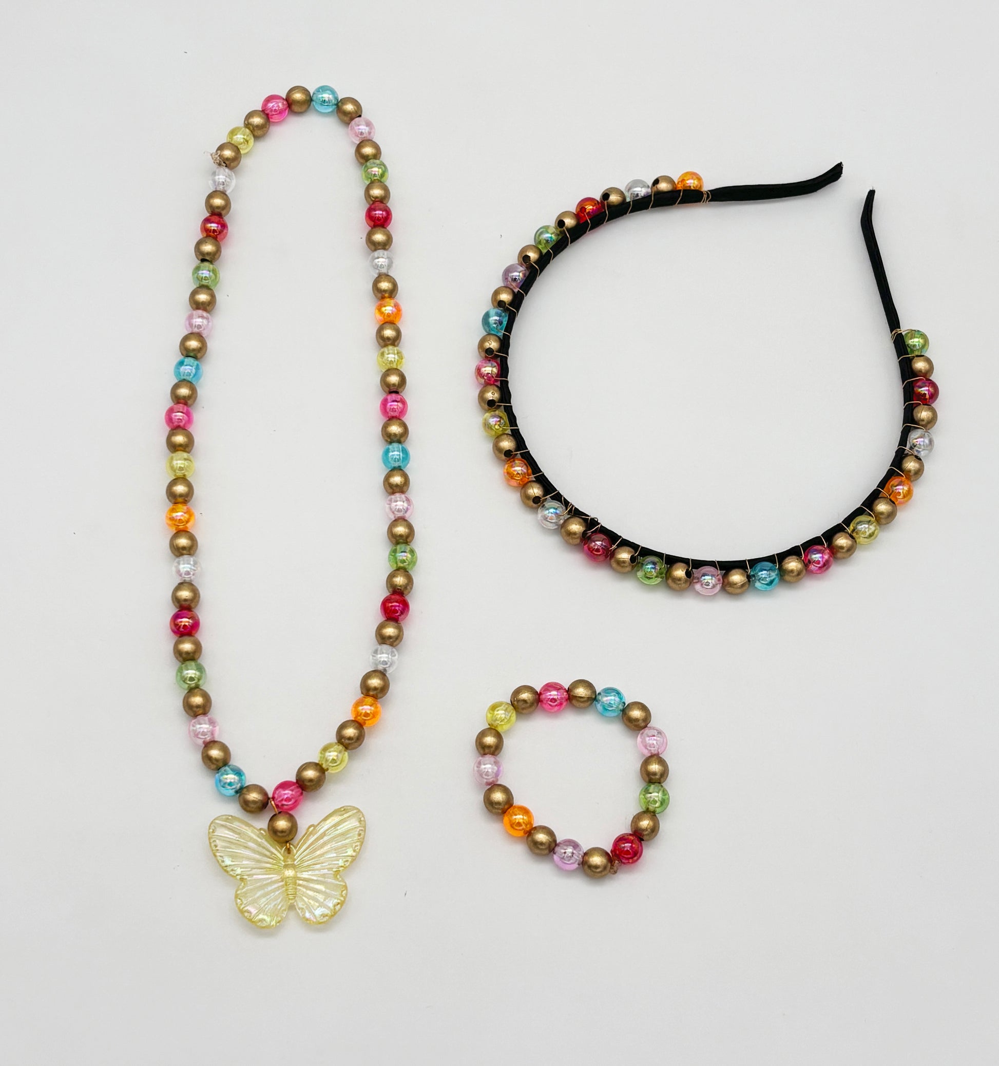 Beaded Butterfly Pendant Necklace, Bracelet & Hairband Set