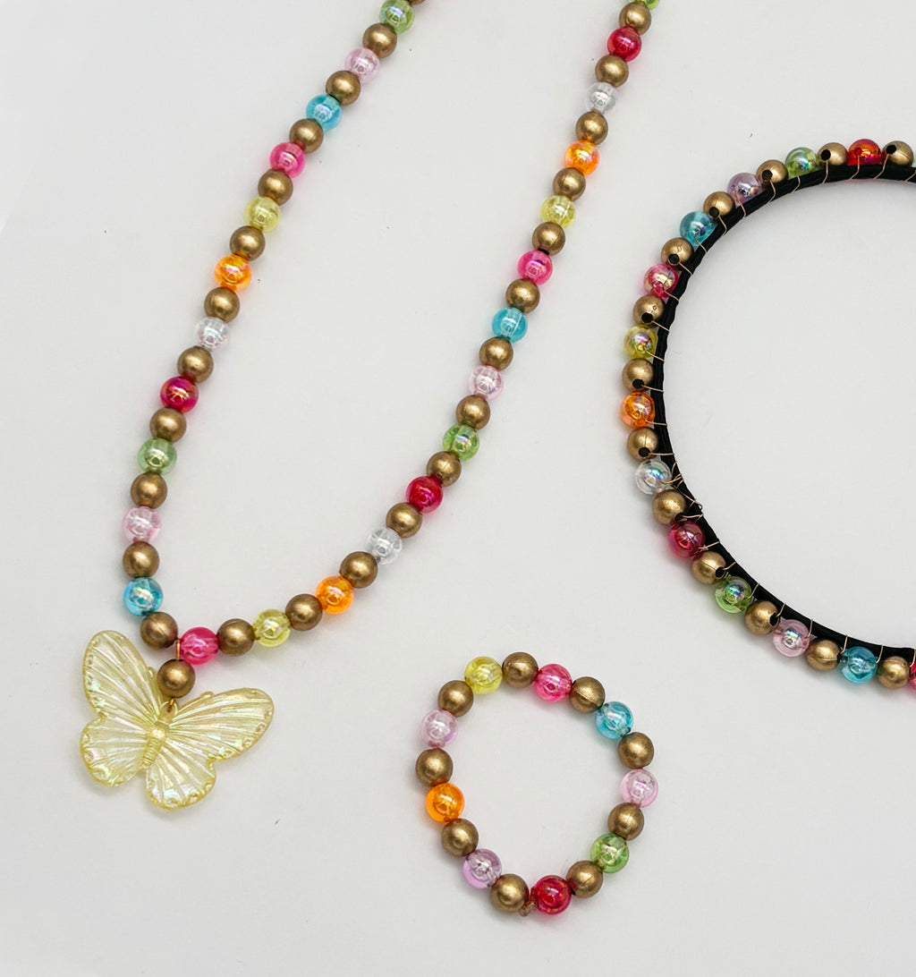 Beaded Butterfly Pendant Necklace, Bracelet & Hairband Set