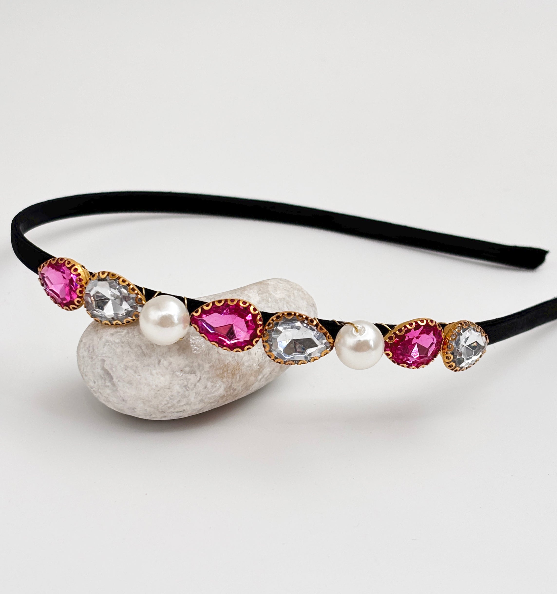 Image of Crystals & Pearls Jewelled Hairband - Dark Pink