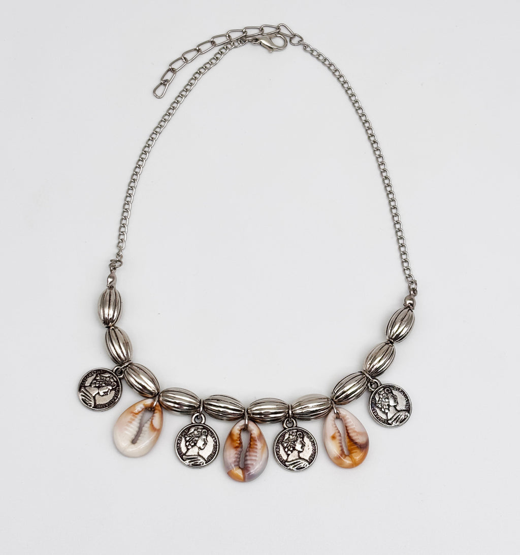 Navratri Shell & Coin Necklace - Oxidised Silver