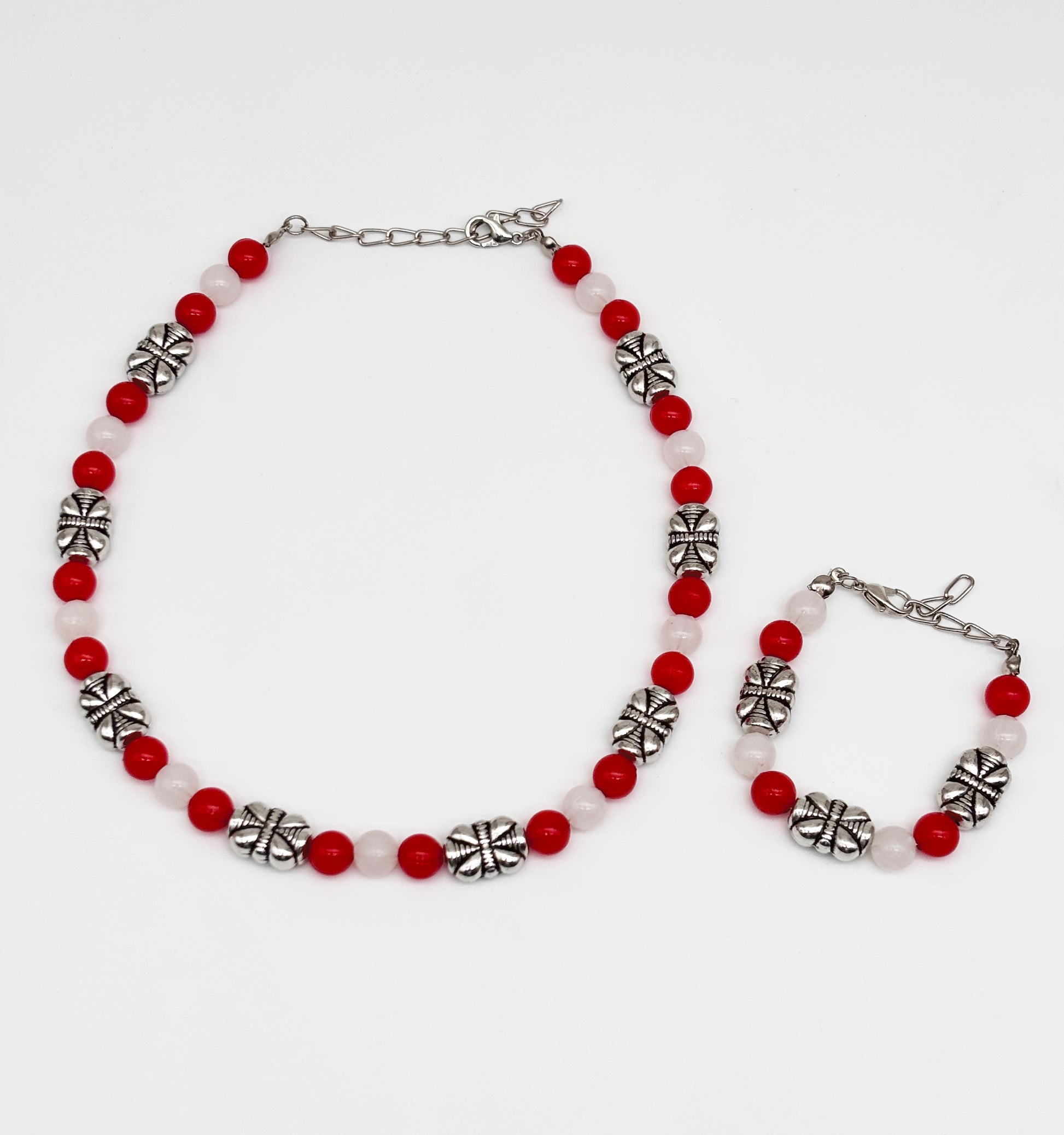 Navratri Beaded Necklace & Bracelet Set - Red & White
