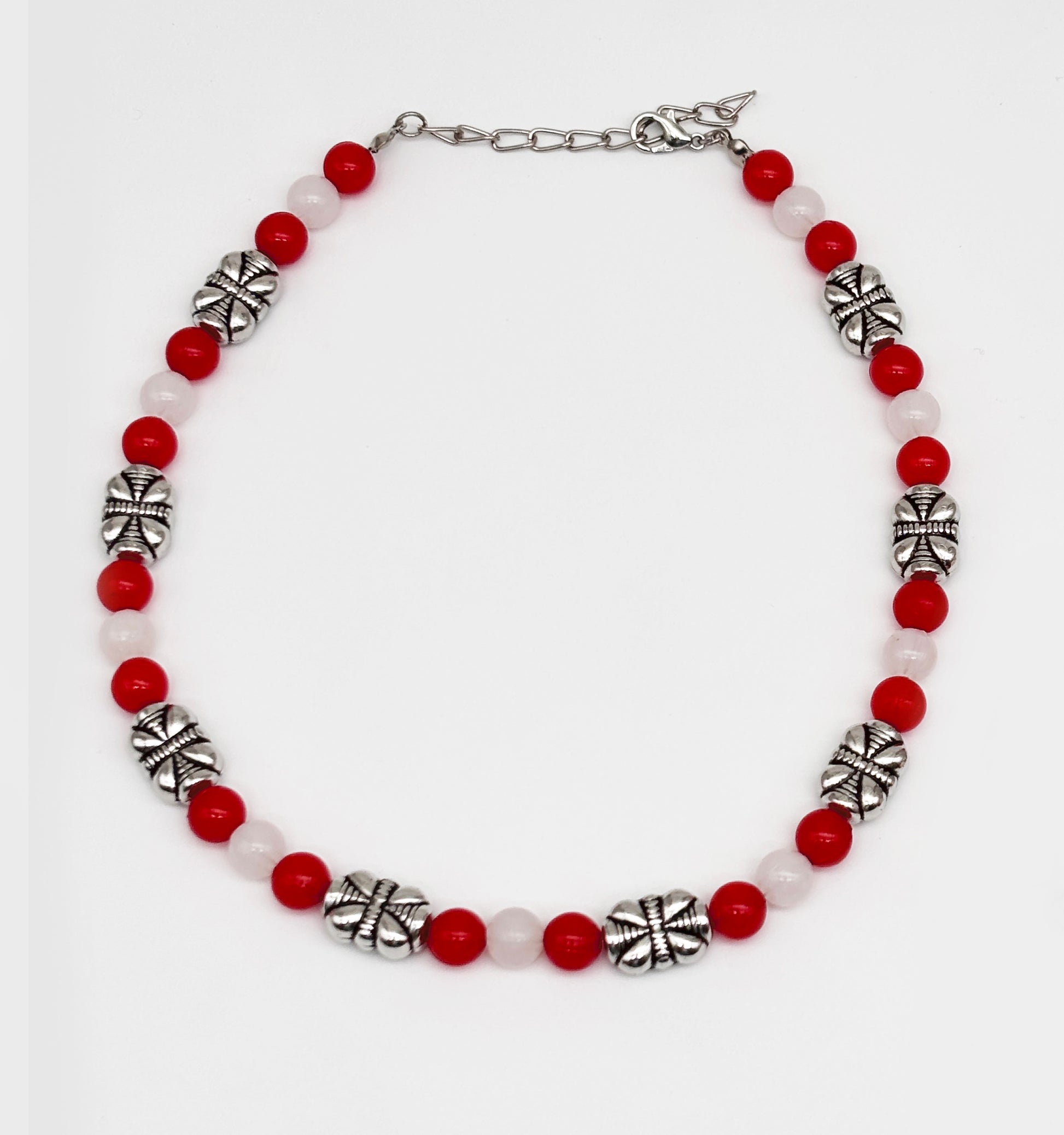 Navratri Beaded Necklace & Bracelet Set - Red & White