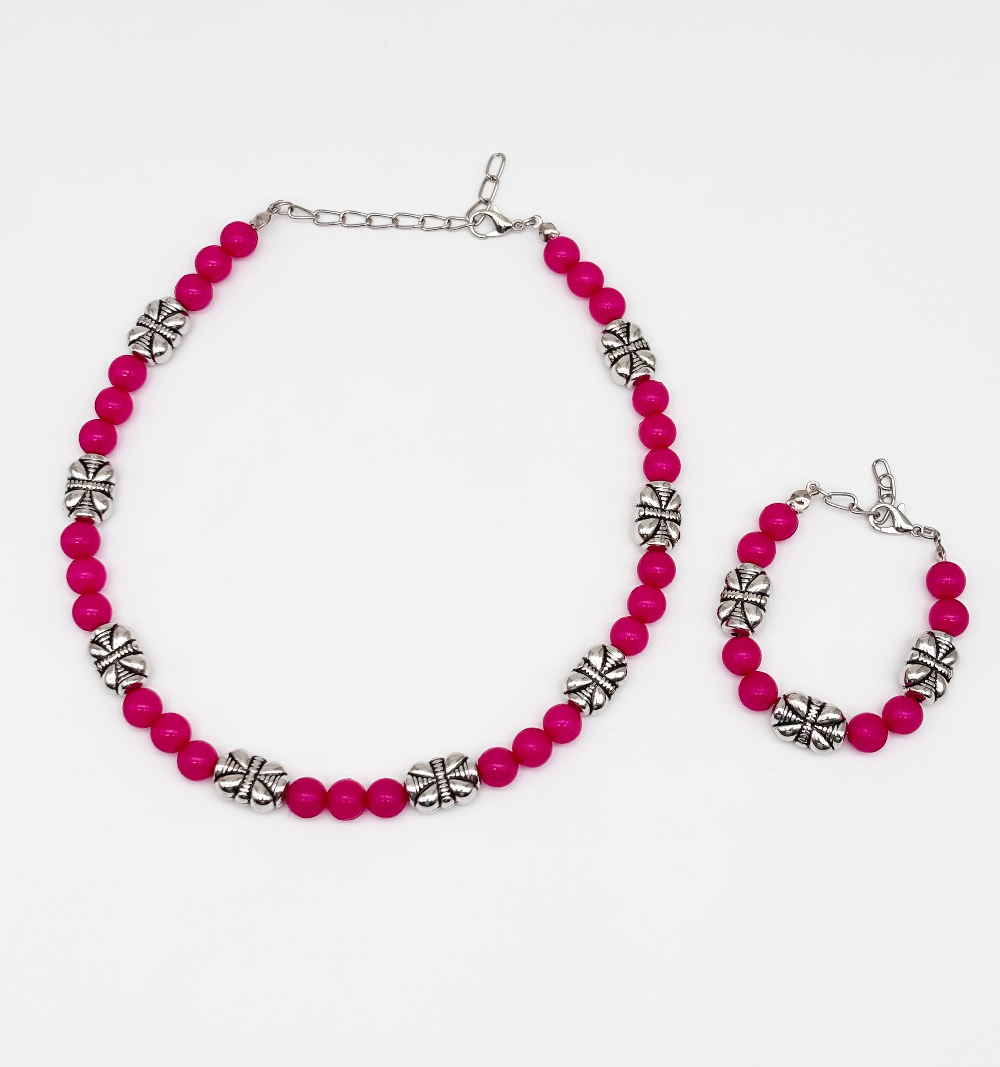 Navratri Beaded Necklace & Bracelet Set- Dark pink & Oxidised Silver