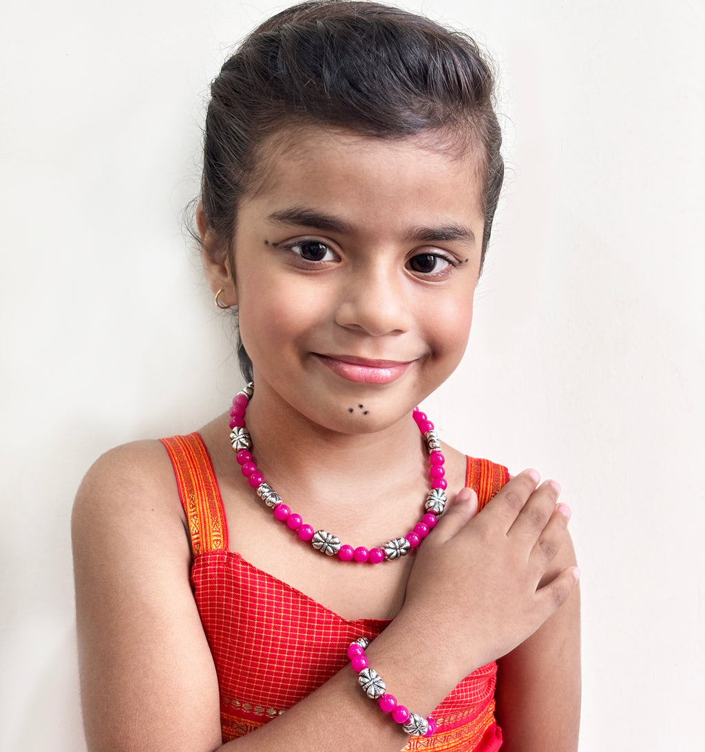 Navratri Beaded Necklace & Bracelet Set- Dark pink & Oxidised Silver