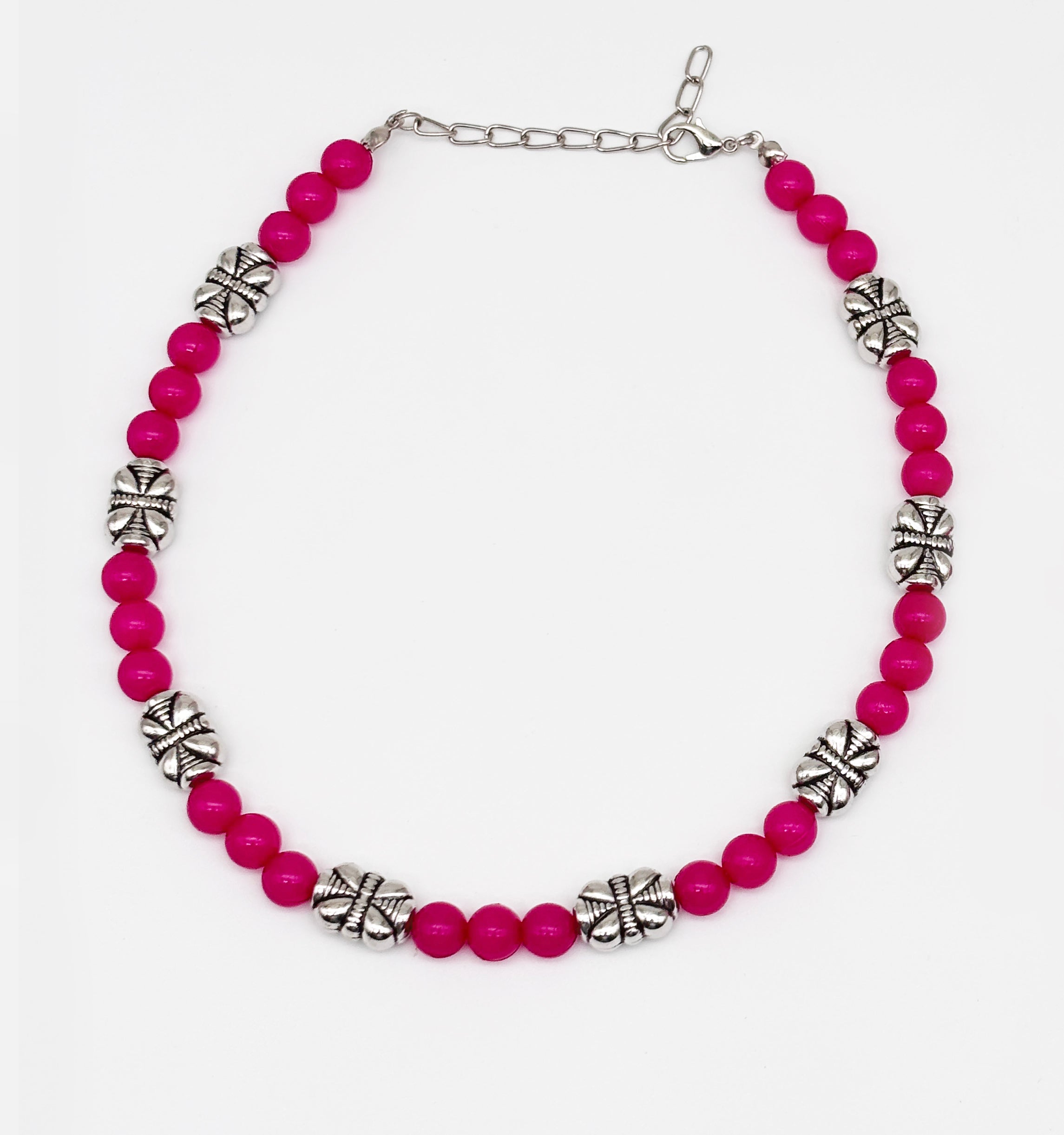 Navratri Beaded Necklace & Bracelet Set- Dark pink & Oxidised Silver