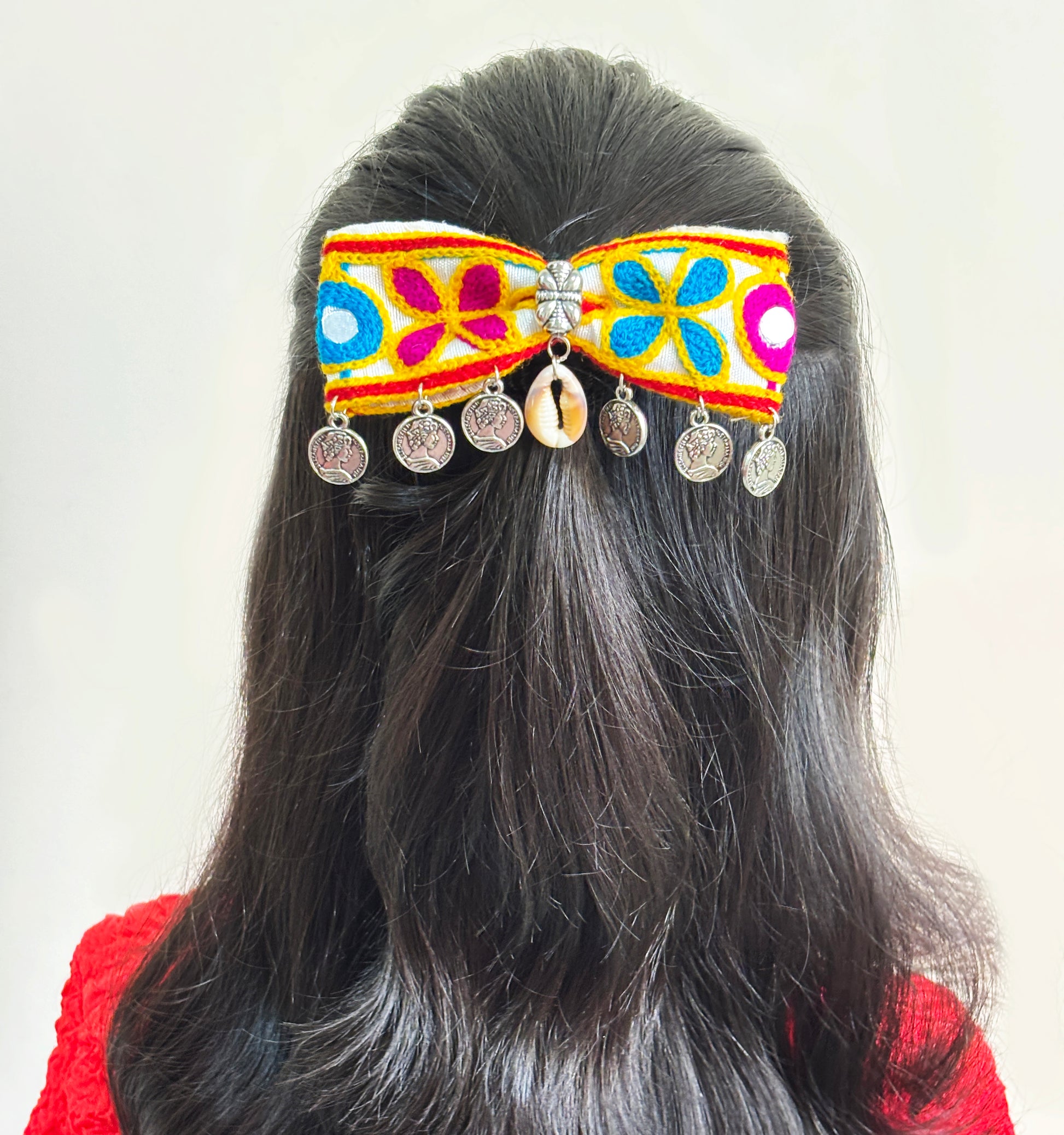 Rangeen Dangling Coins  Bow Clip - Off white, Multicoloured