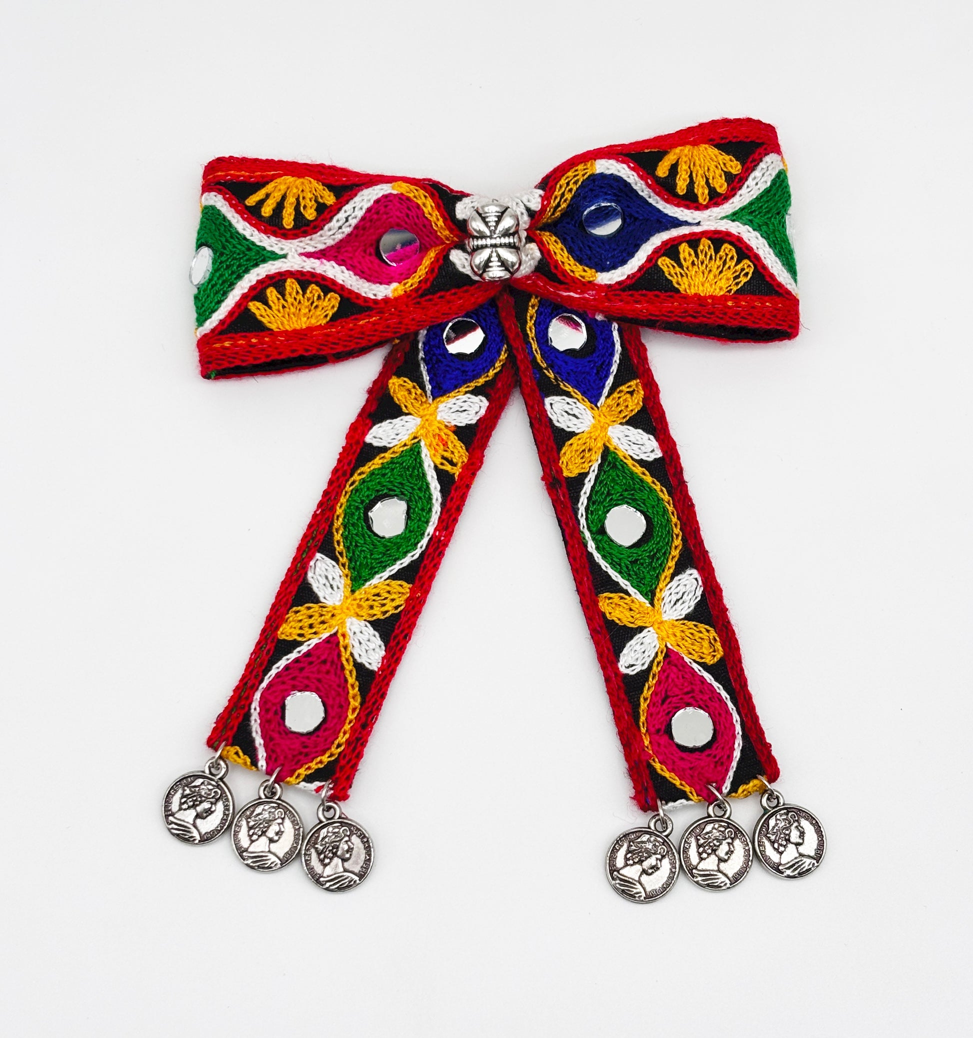 Rangeeli Mirror & Dangling Coins  Bow Clip - Black & Multicolour