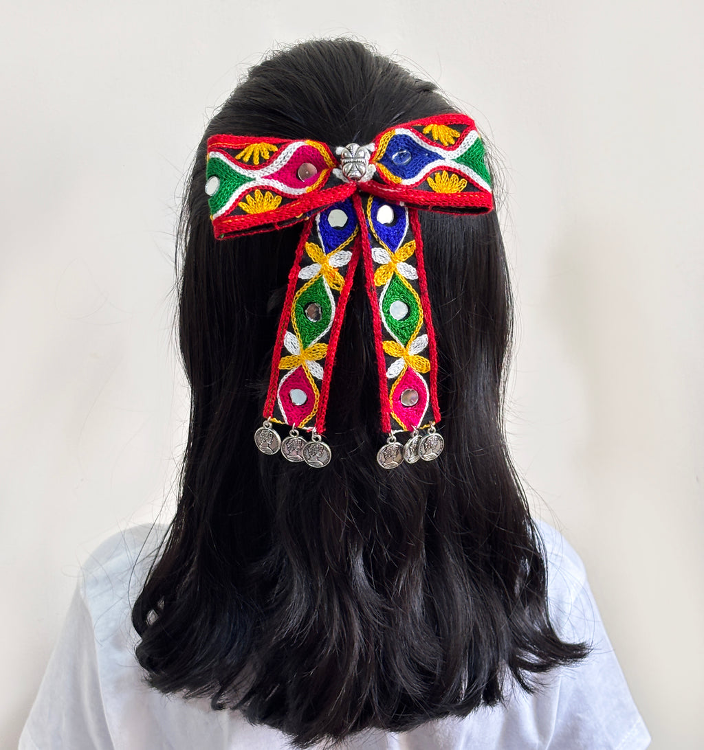 Rangeeli Mirror & Dangling Coins  Bow Clip - Black & Multicolour