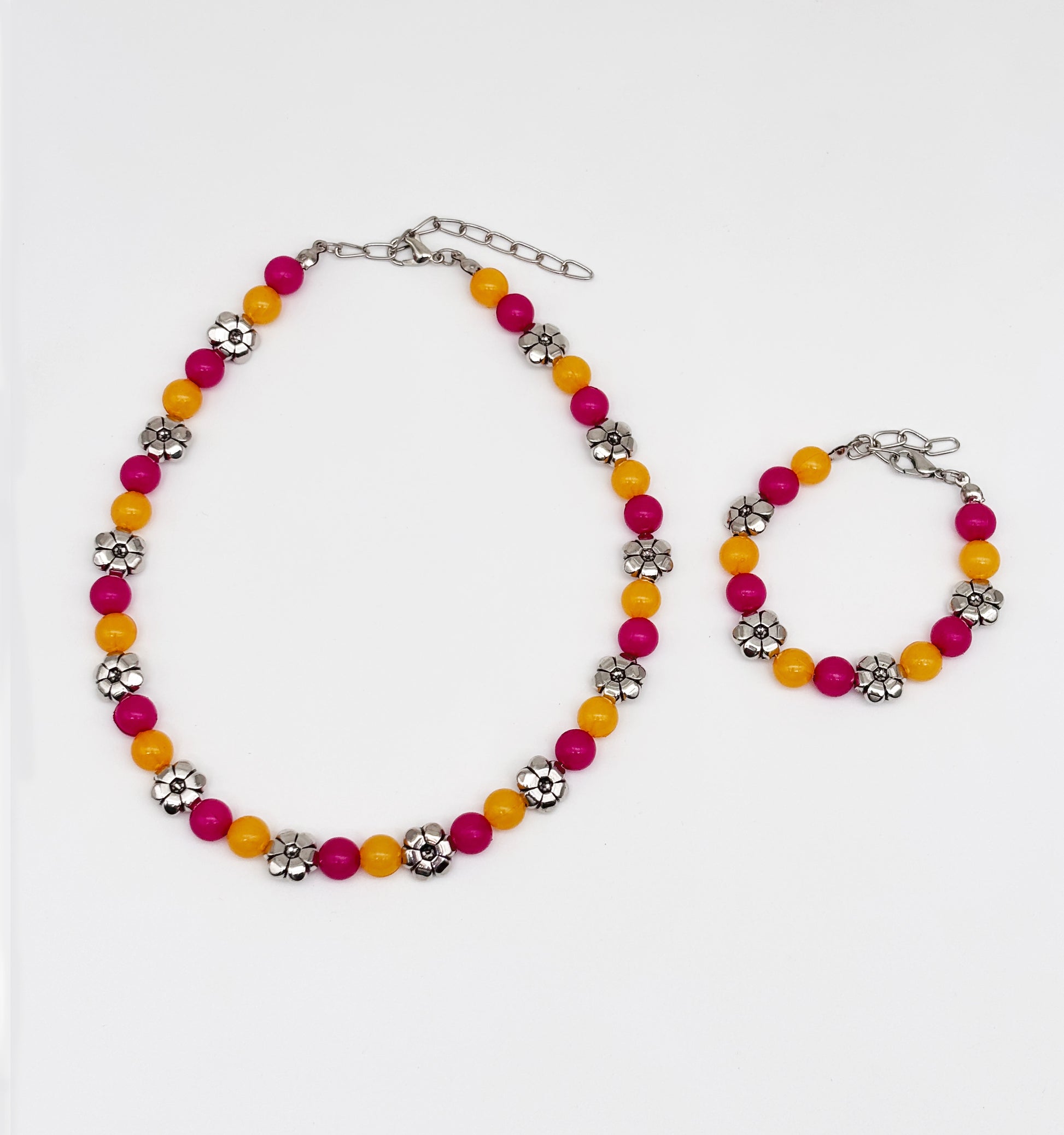 Beaded Necklace & Bracelet Set- Dark Pink, Yellow