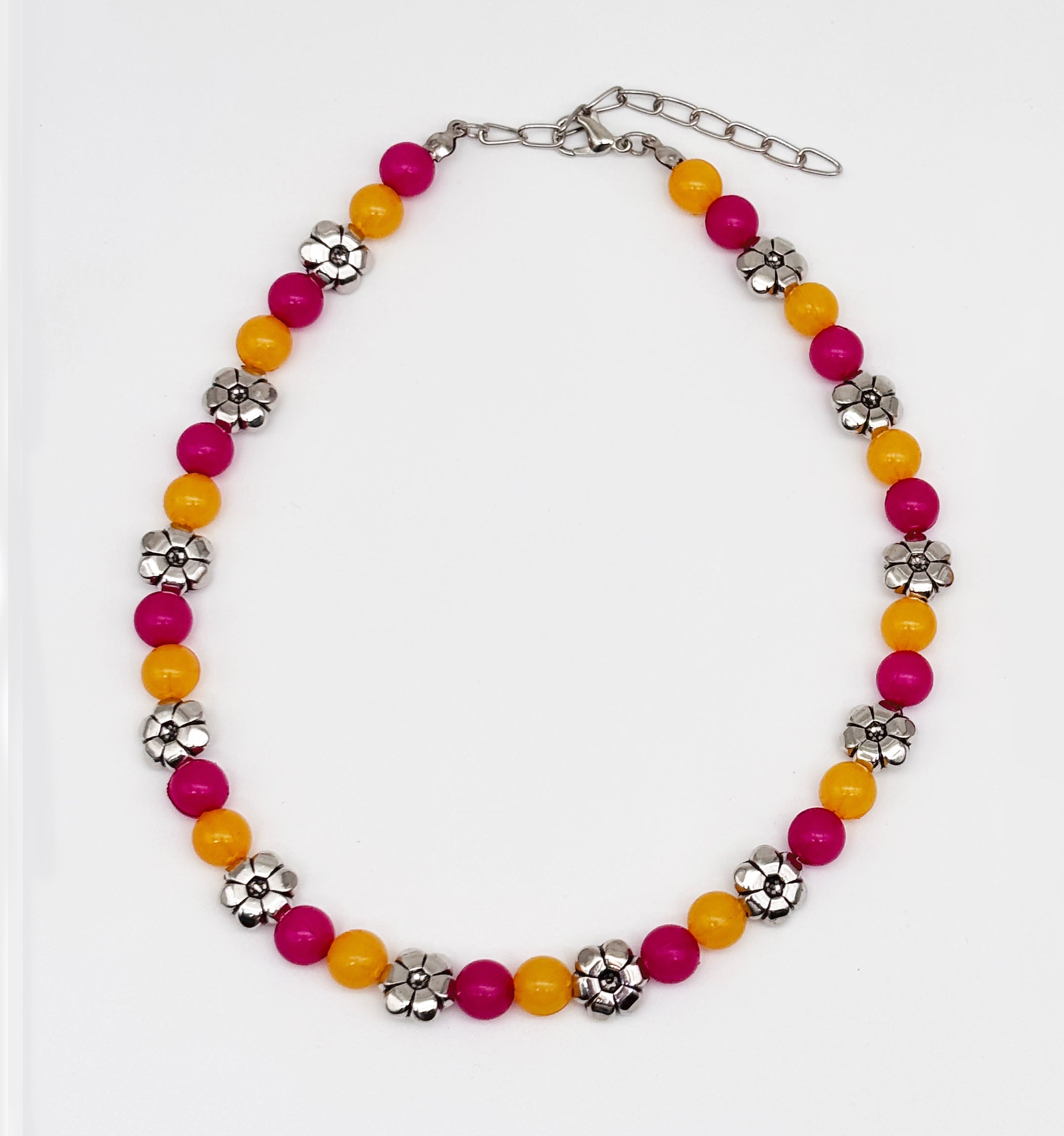 Beaded Necklace & Bracelet Set- Dark Pink, Yellow