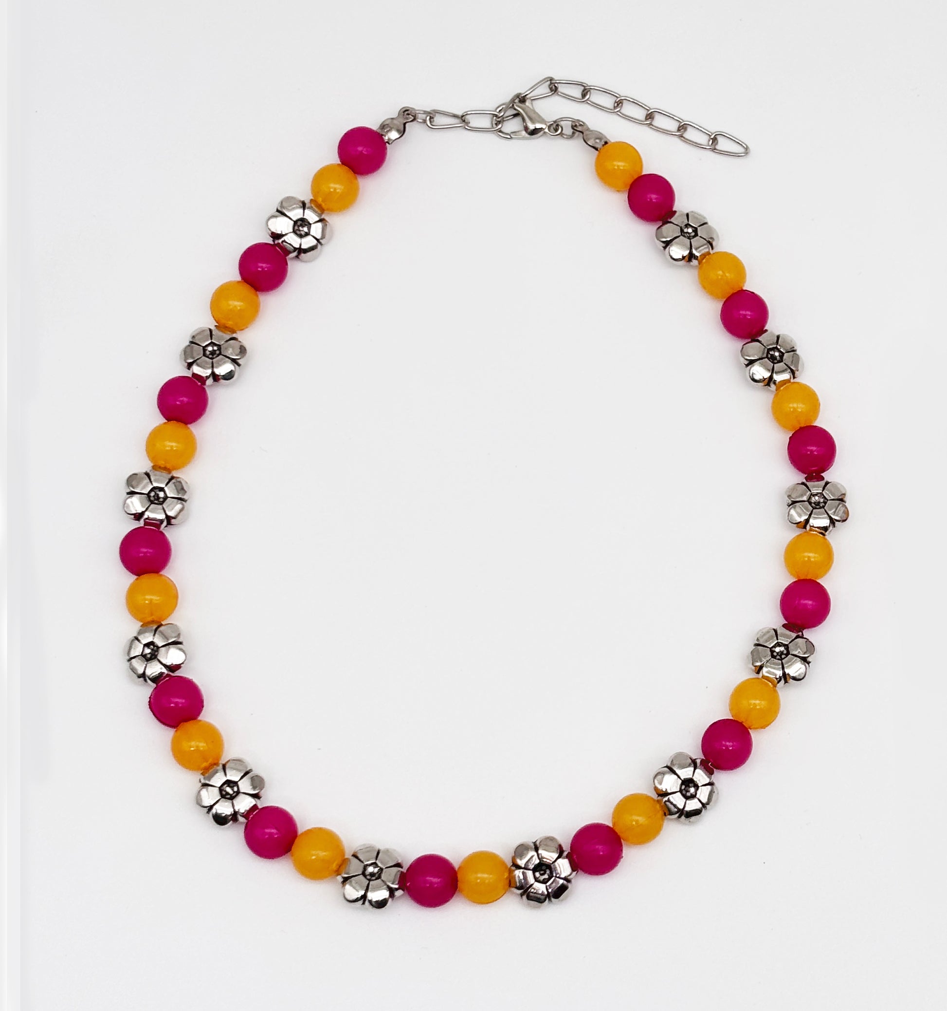 Beaded Necklace & Bracelet Set- Dark Pink, Yellow