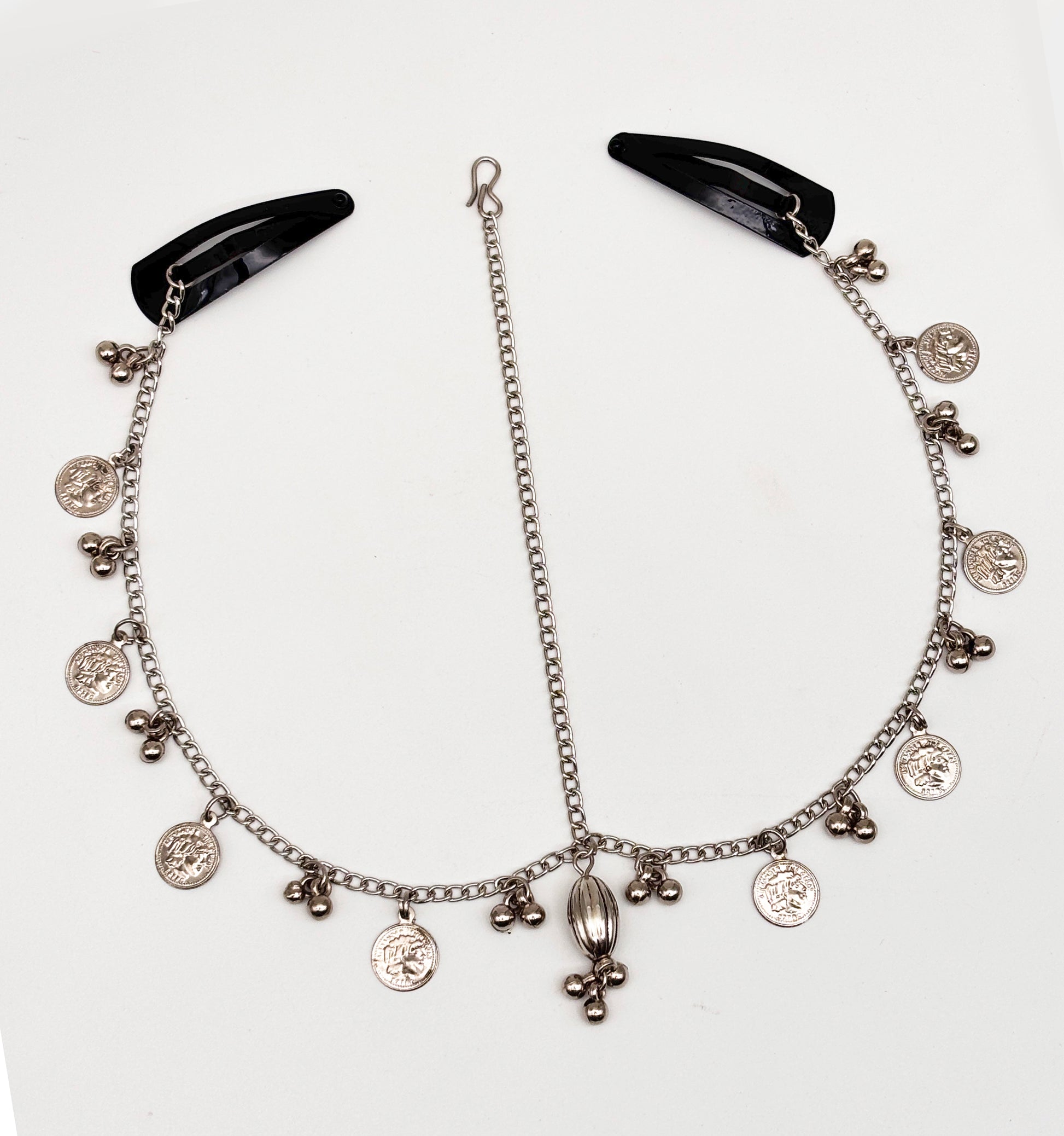 Coins & Dangling Beads Detailed Head Chain- Oxidised Silver