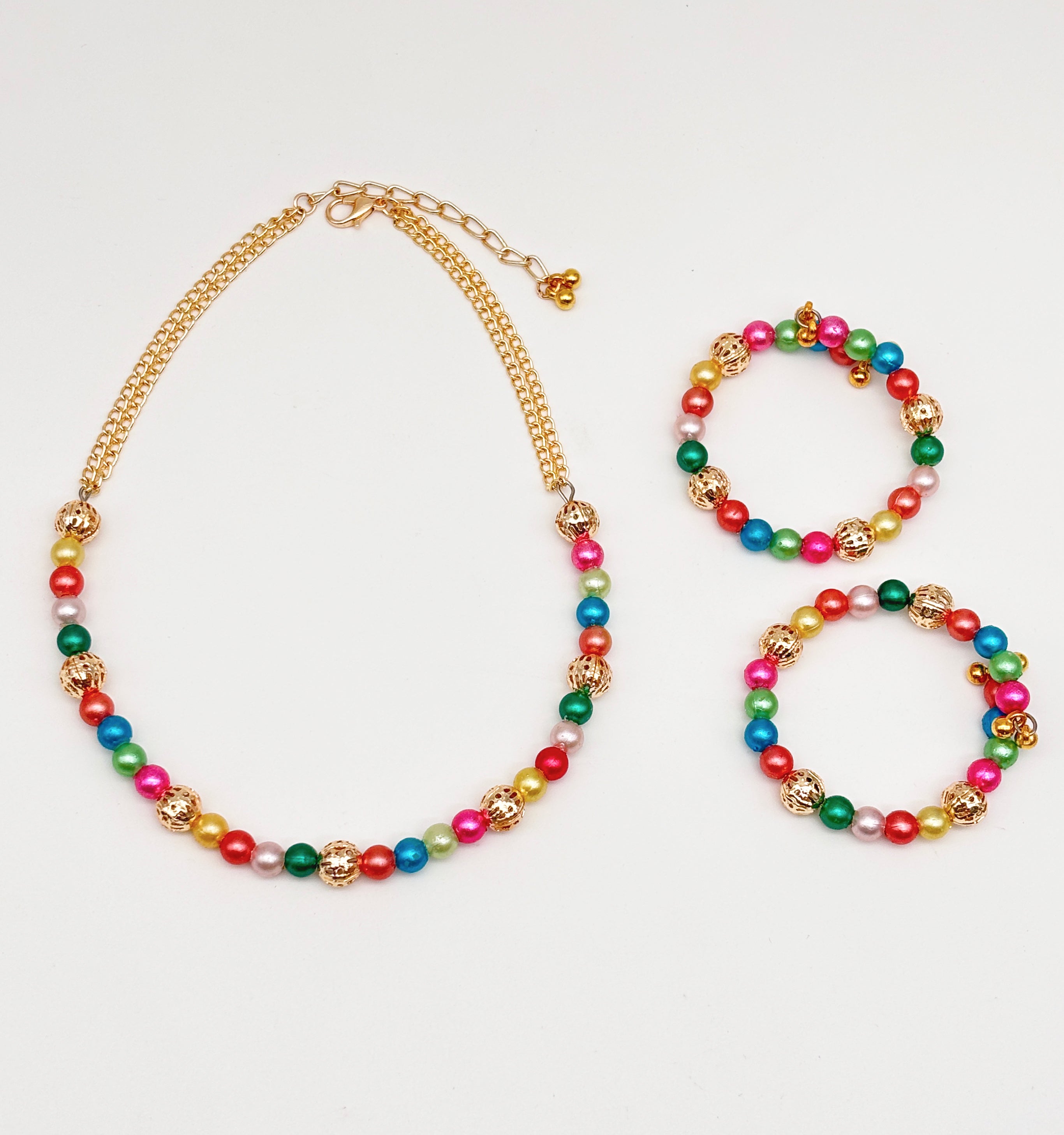 Navrang Beaded Choker, 2 Bracelets & Maang Teeka Set- Multicolour