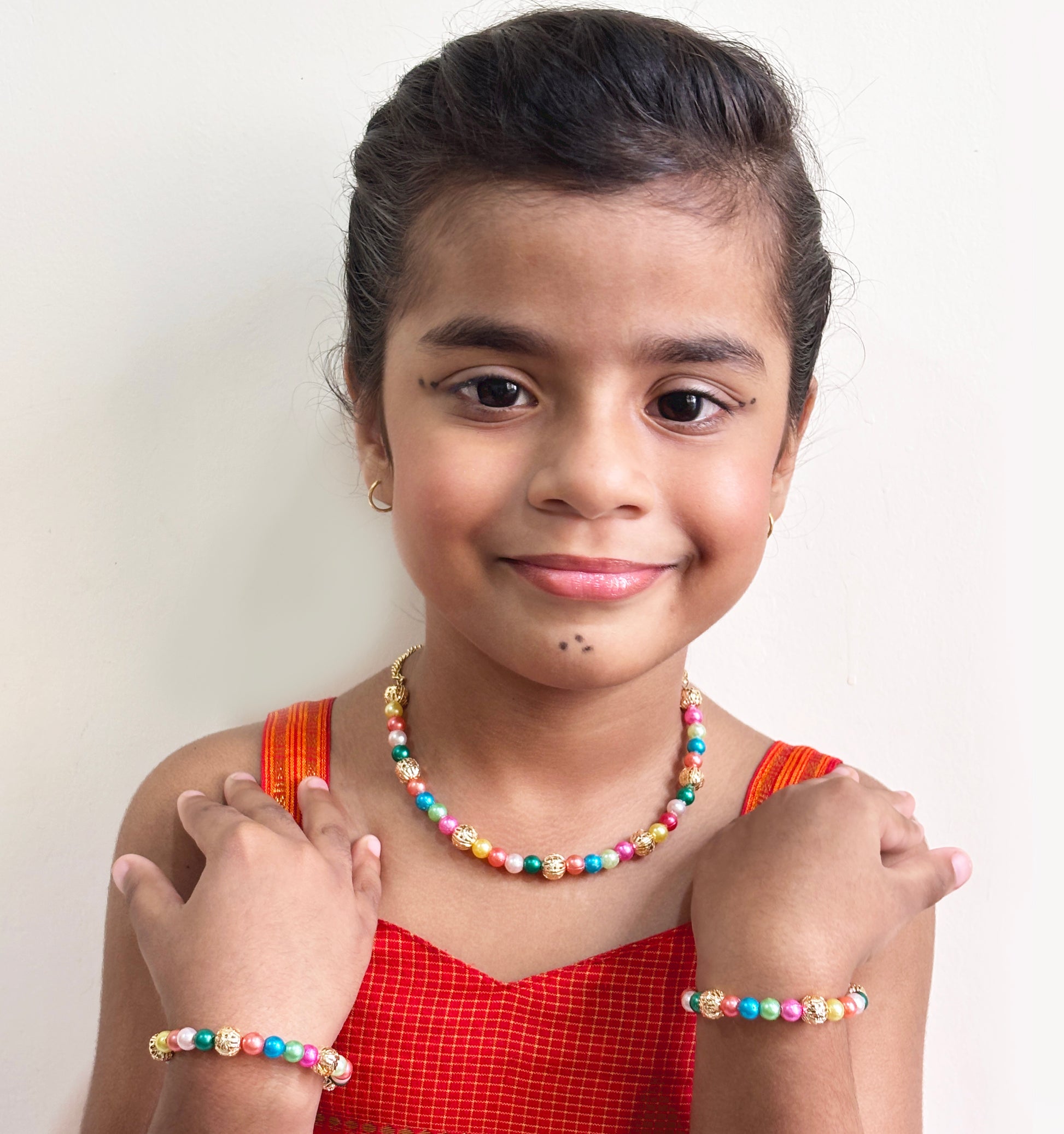 Navrang Beaded Choker, 2 Bracelets & Maang Teeka Set- Multicolour