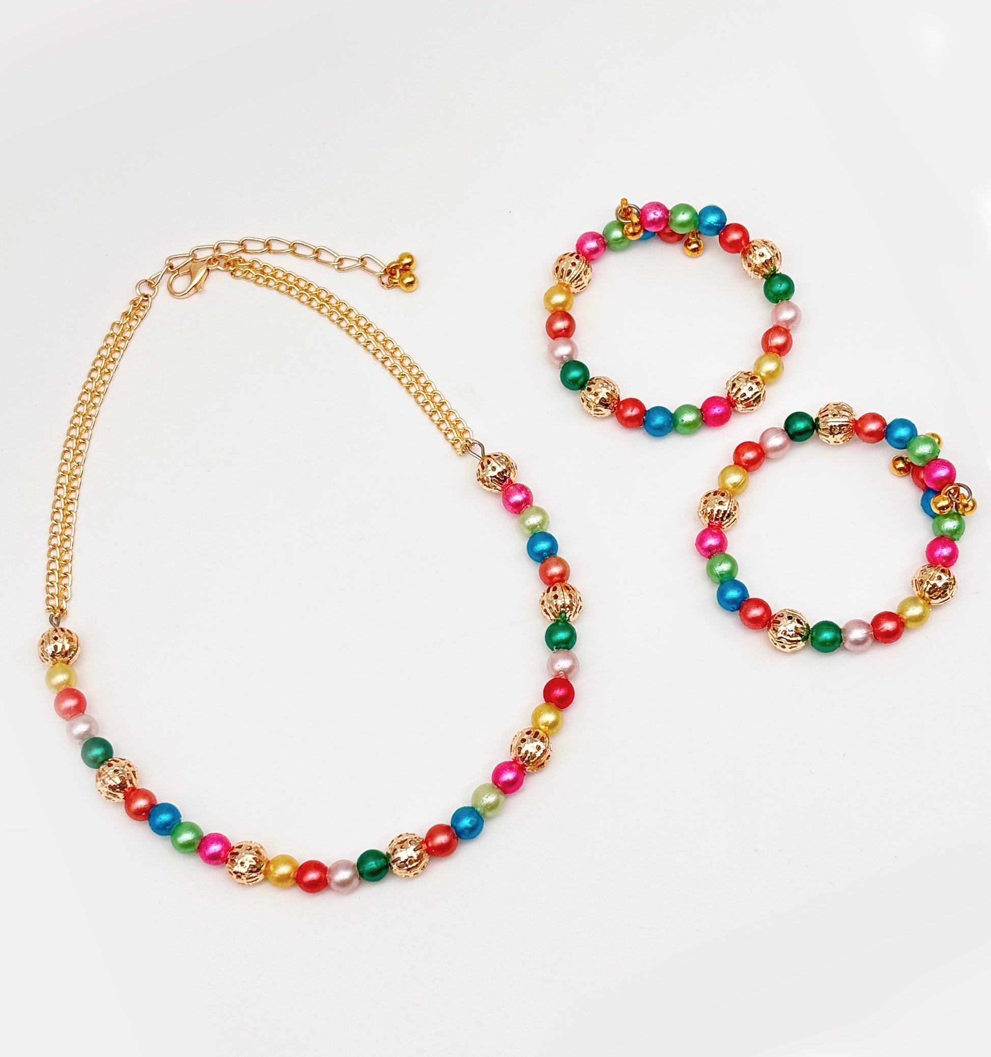 Navrang Beaded Choker, 2 Bracelets & Maang Teeka Set- Multicolour