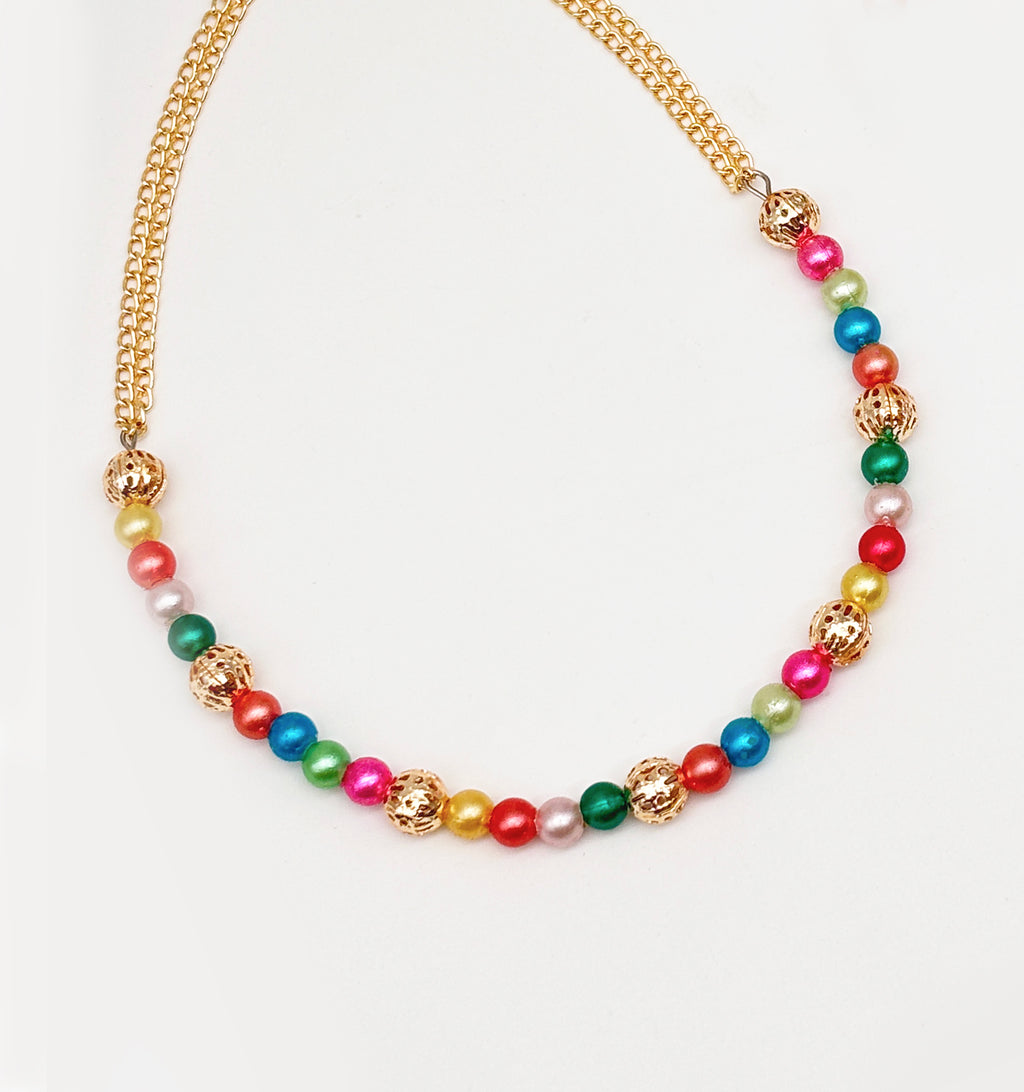 Navrang Beaded Choker, 2 Bracelets & Maang Teeka Set- Multicolour