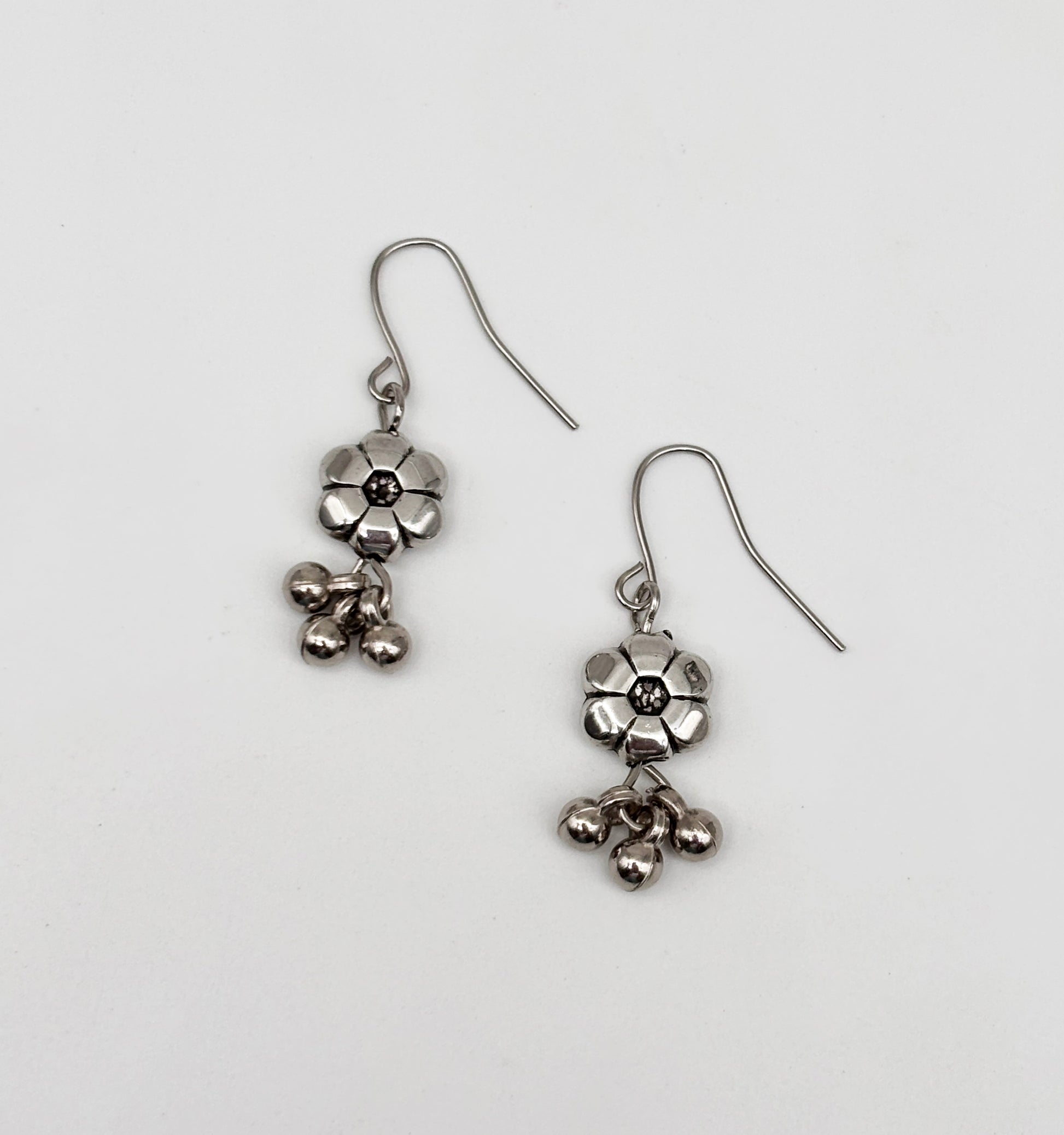 Flower Drop Earrings- Oxidised Silver