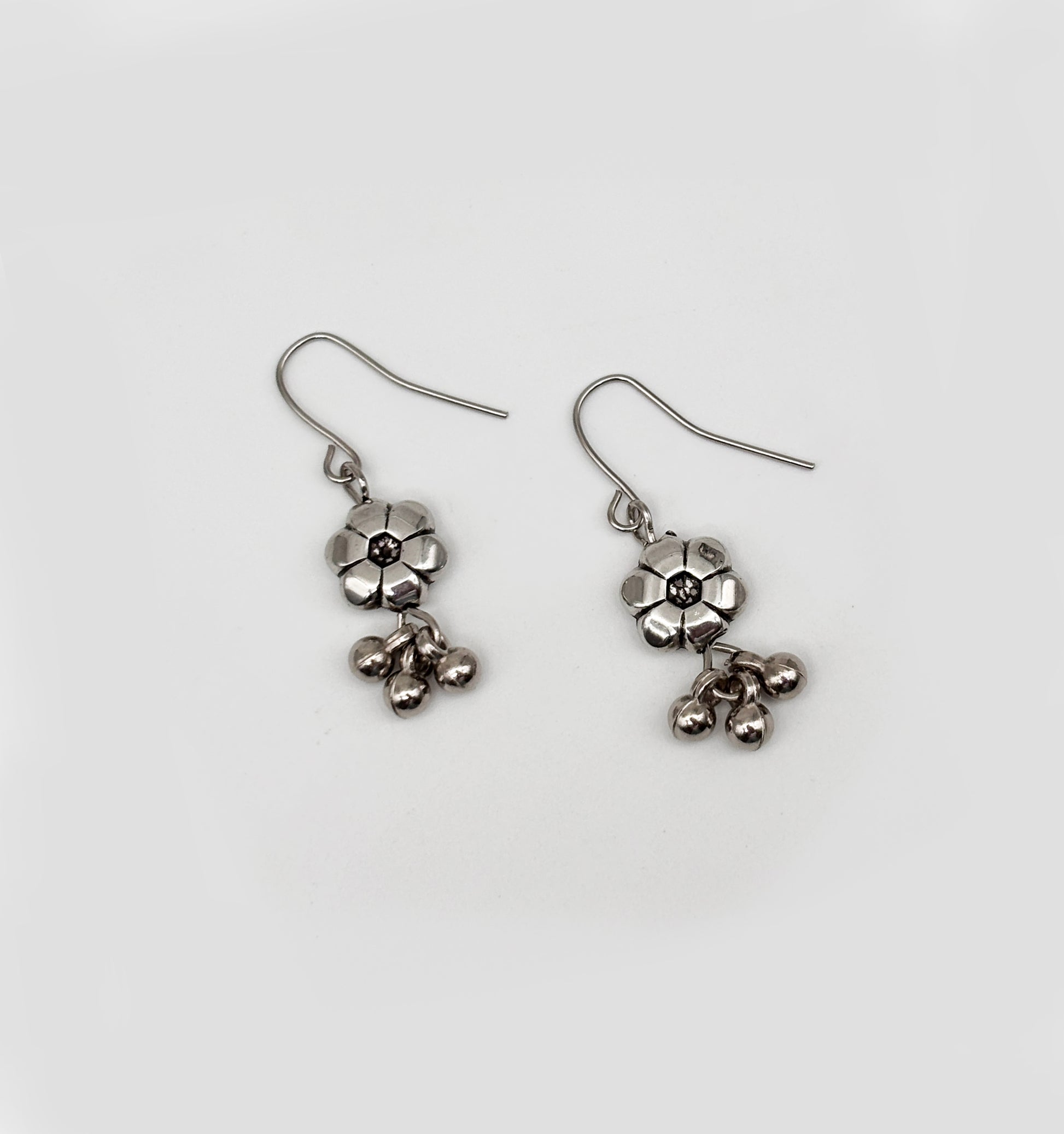 Flower Drop Earrings- Oxidised Silver