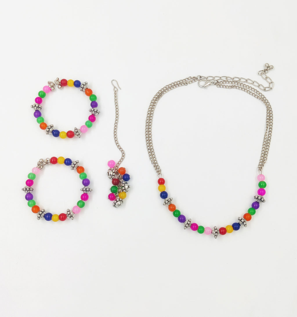 Rangeen Beaded Choker, 2 Bracelets & Maang Teeka Set - Multicolour
