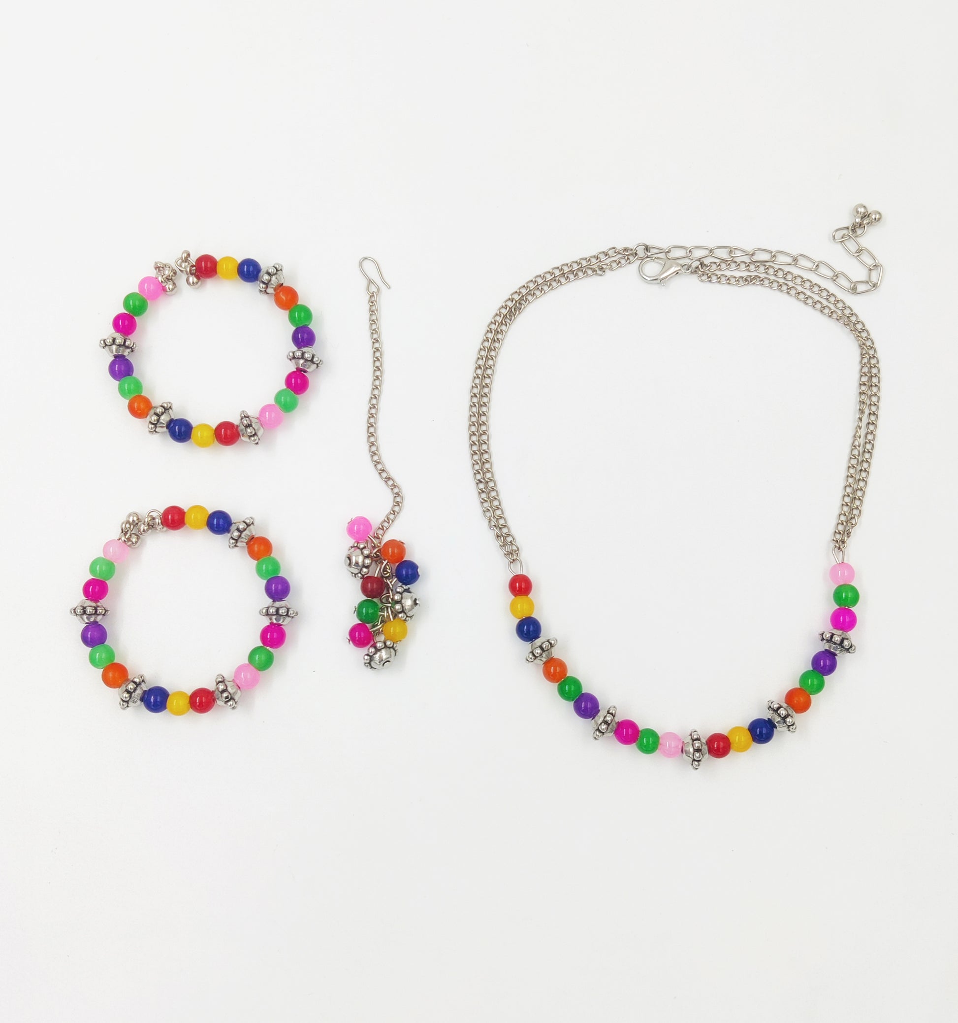 Rangeen Beaded Choker, 2 Bracelets & Maang Teeka Set - Multicolour