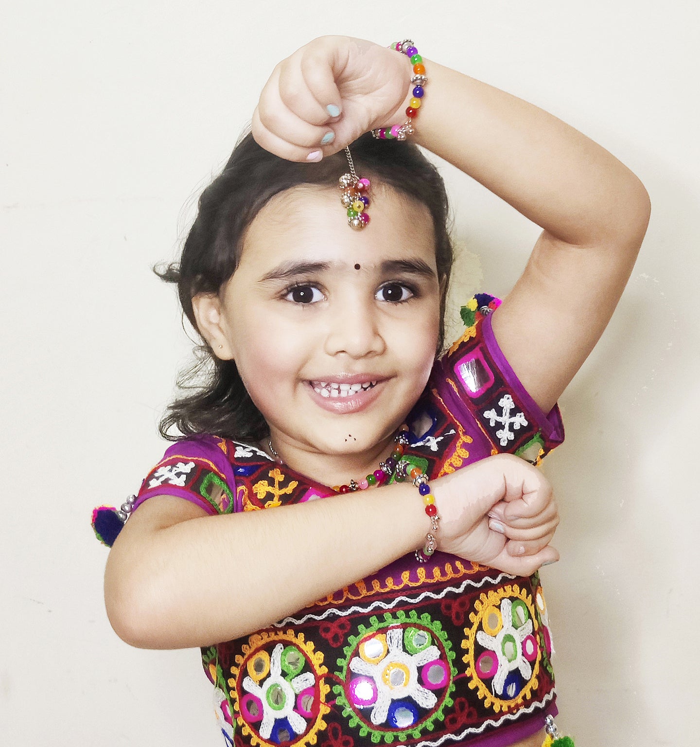 Rangeen Beaded Choker, 2 Bracelets & Maang Teeka Set - Multicolour